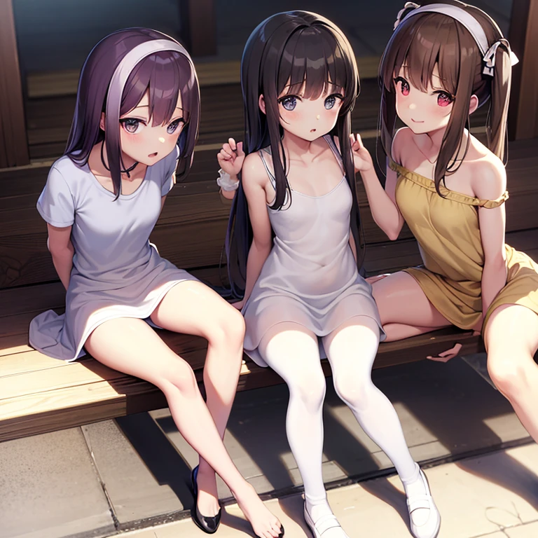 Super detailed, best quality, High resolution, Moe anime, ((((Three cute little girls with black hair are sitting.)))), (baby face), ((Big eyes:1.5, drooping eyes:1.5)), cute eyes, view audience, pale skin, focus on the face, ((The upper body is in transparent lingerie and the lower body is naked.)), (Nipples are clearly visible:1.5), Navel exposed, bare shoulders, ((flat chest)), In the park with cherry blossoms falling
