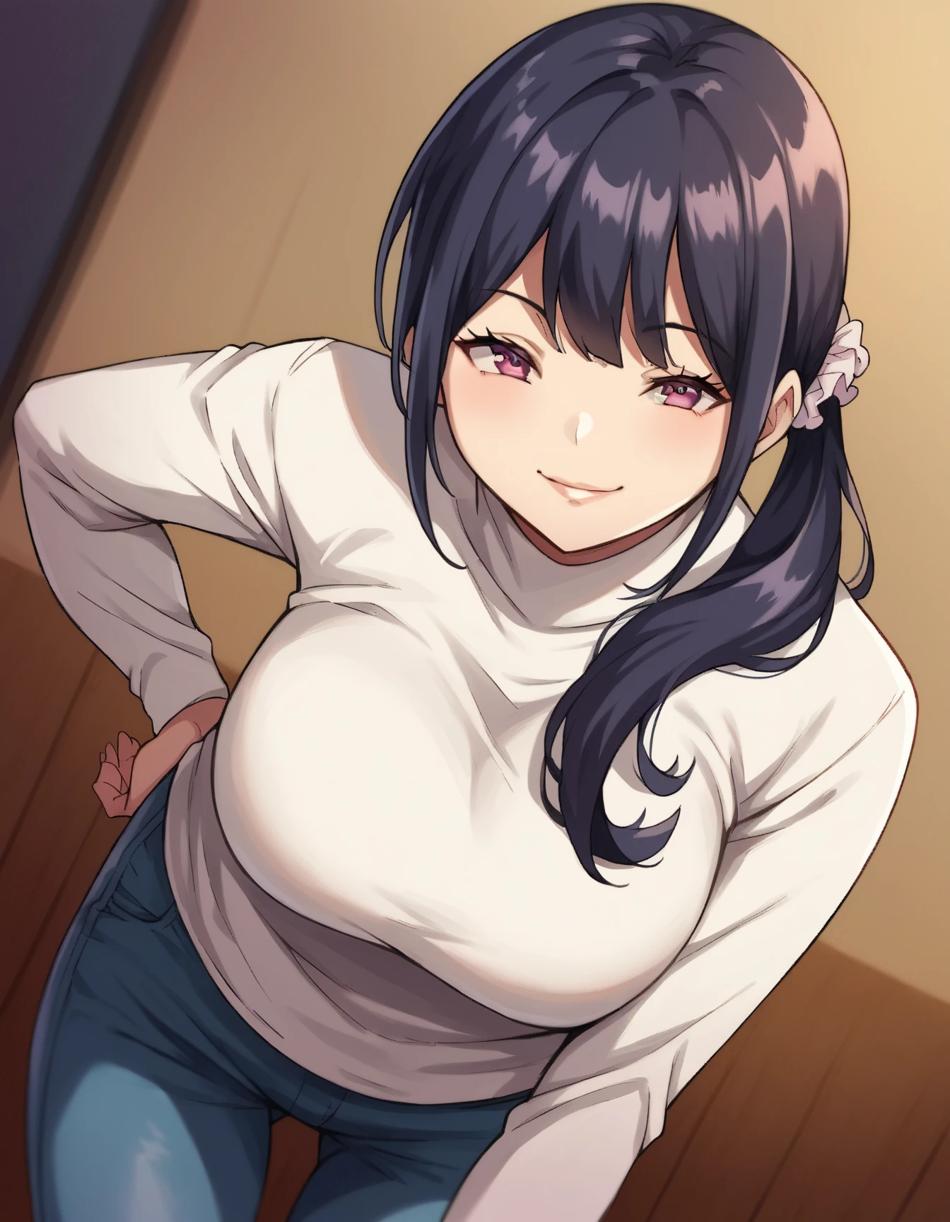 1 girl, purple slightly black hair, very big breasts, sexy body, smiling, wearing a knitted clothes