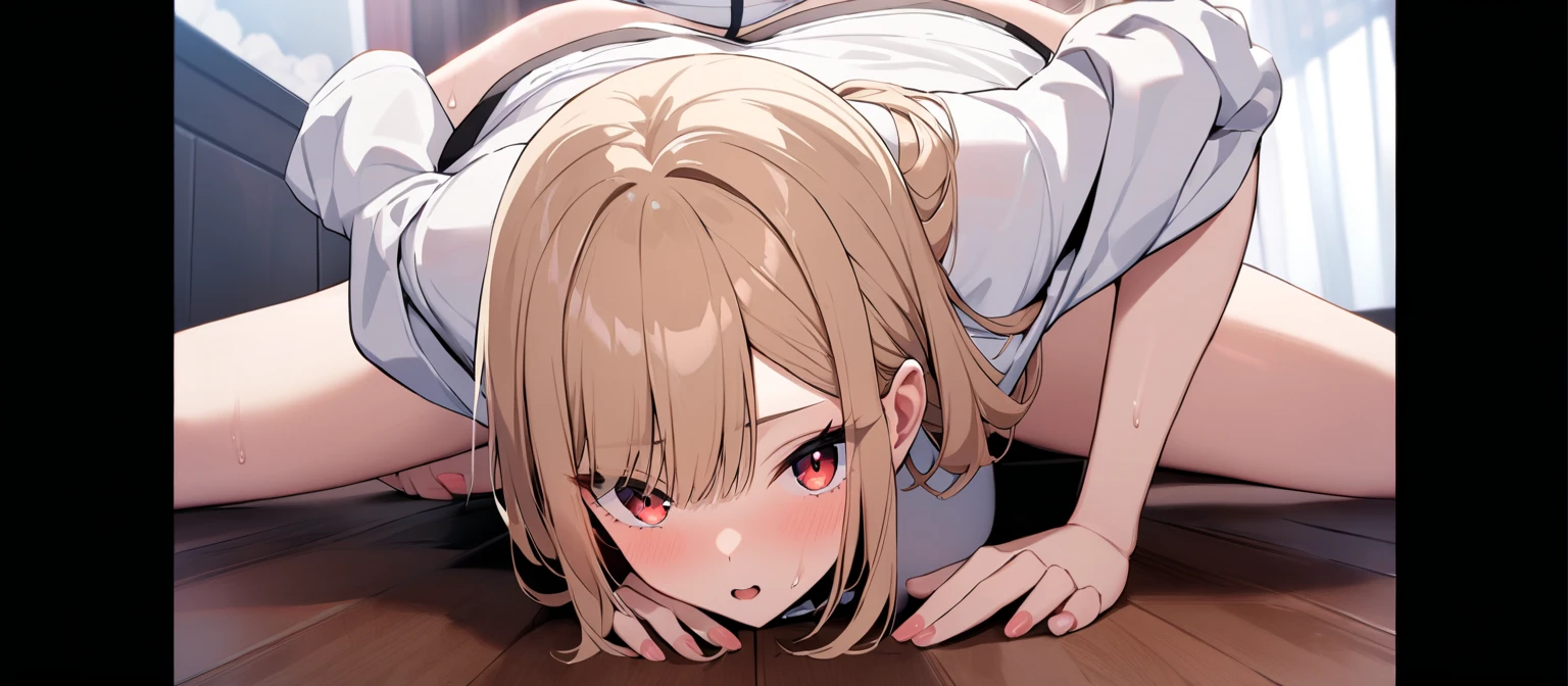 score_9, score_8_up, score_7_up, score_6_up, score_5_up, score_4_up, source_anime, BREAK OyamaMahiro, 1girl, solo, 1girl, solo, female, text, hair, , clothed, blush, open mouth, looking at viewer, black cat top, smile, ,   under clothes, black stockings, , lie down, foots at viewer, foots, sole of the feets,  up, view , hanging , spread  with hands