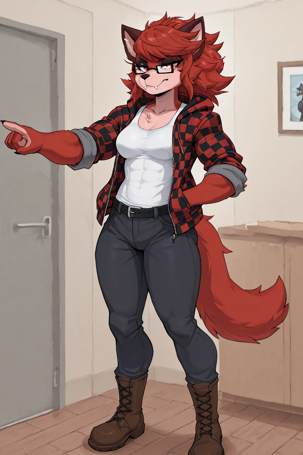 Solo, Score_9, score_8_up, score_7_up, kemono style, Kimiko, An Anthro furry red panda girl, red furry body, red panda tail, , black nose, red hair, braided hair, majestic, long legs, athletic arms and legs, green emerald eyes, toned legs, toned thighs, mid angle shot, smug smirk, tan rain coat, investigator coat, long coat, loose tie, white dress shirt, opened buttons, rolled up sleeves, right arm steel gauntlet, visible legs, black skirt, black leather heels, armor on heels, knee guard, walking down alley, night, flowing coat, holding spear