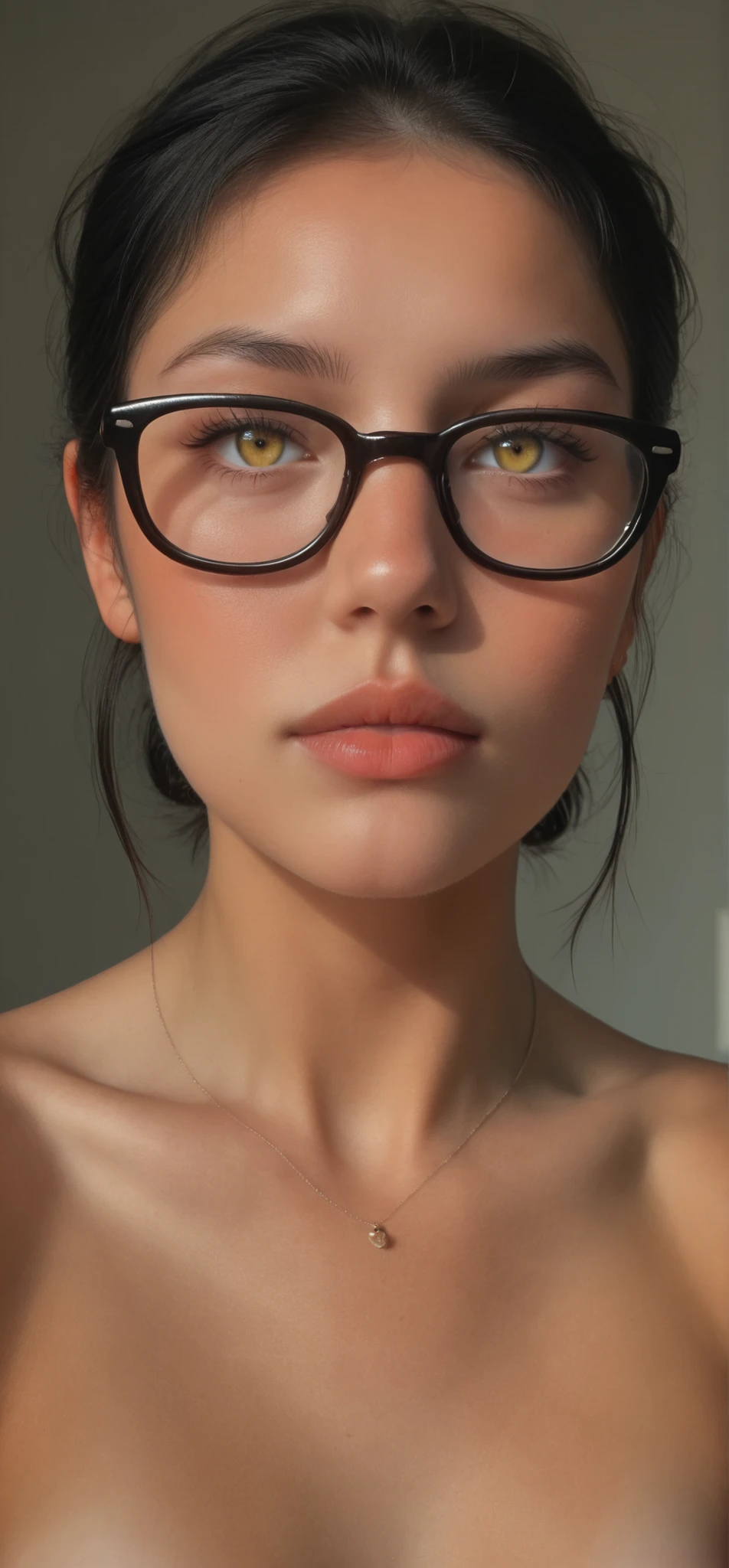 short hair,two sides down,black hair,hmuro,yellow eyes, almond eyes, glasses, score_9_up, score_8_up, score_7_up, score_6_up, source_anime BREAK, 1girl, looking at viewer, highly detailed, very young slim fit girl, full body shot, Standing at attention, dynamic pose, clear light skin, 16k wallpaper, perfect lighting, masterpiece, lens flare, vibrant color, nude girl, seductive photo, big eyes, gloomy girl, perfect small breast, ExpresHGothicNeonIncase