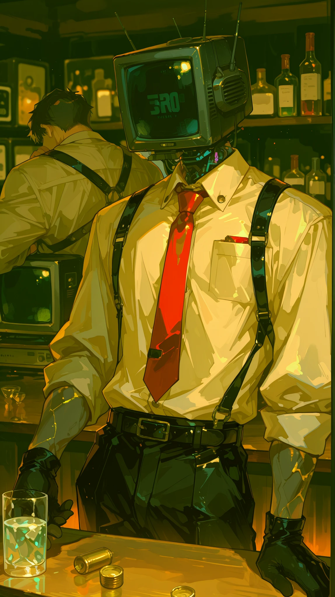 masterpiece, best quality, 8K resolution, HDR, 4K resolution, sharp focus, vibrant colors, anime cel-shading style, 1 male anthropomorphic character (humanoid body), CRT television head, old TV set head, screen showing abstract blurred face outline with faint static, beige plastic casing, wearing crisp pure white button-up shirt, burgundy slim necktie loosely tied, multiple shirt buttons dramatically undone revealing defined muscular chest and abs, black tailored suit trousers held up by thin black leather suspenders/crossed back harness straps,chest contour, human arms, thin black belt barely visible under unfastened shirt hem, black leather half-finger gloves, leaning casually against polished dark wooden bar counter, one gloved hand resting on counter, other gloved hand holding white cloth polishing crystal wine glass, warm ambient lighting, intimate retro bar interior, blurry background of liquor shelves, shallow depth of field, solo focus