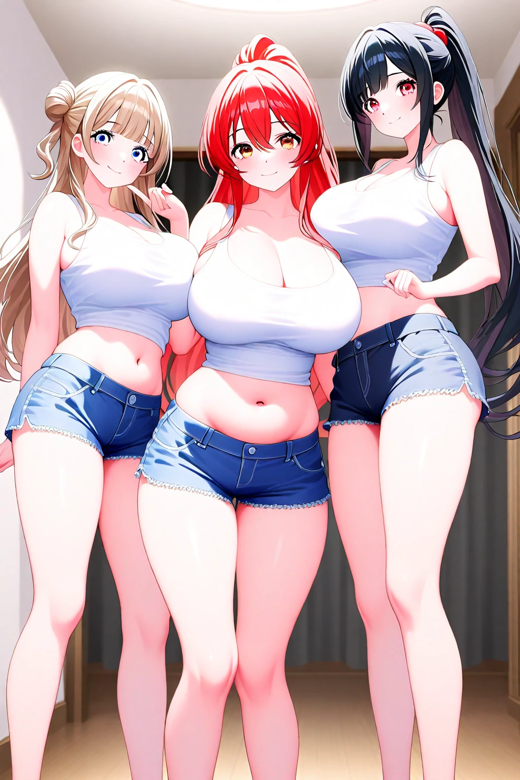 ((best quality, masterpiece:1.3, 8K)), (detailed), highly detailed face and skin texture, detailed eyes, full body, (slender body:1.1), (a group of 3 girls:1.5), 25 years old, white skin, bright lips, worried, embarrassed, panicking, long hair, (forehead:1.0), large breast, (jeans pants:1.5, blue jeans:1.5), (((wetting themself:2.0, desperation:1.2))),