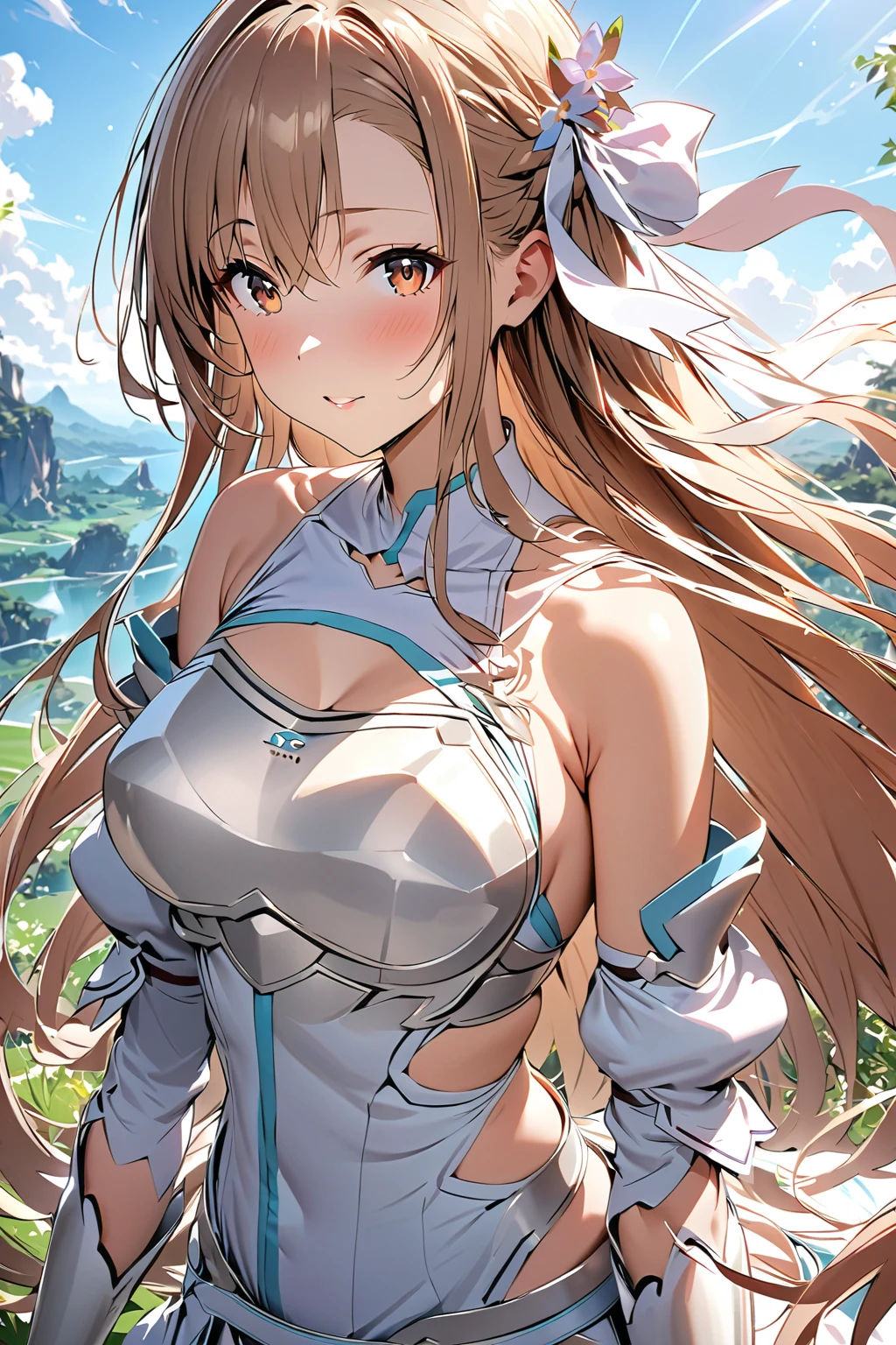 ((masterpiece)), Highest quality, Very detailed,(One Girl),Yuki Asuna、Asuna (stay),  bare shoulders, breastplate, armor, detached sleeves, gloves, white gloves, dress, white dress, Long Hair,Beautiful background ,Clothing,  chest, Bent body,Lie in, Look to the side, Hot body、Sweaty、