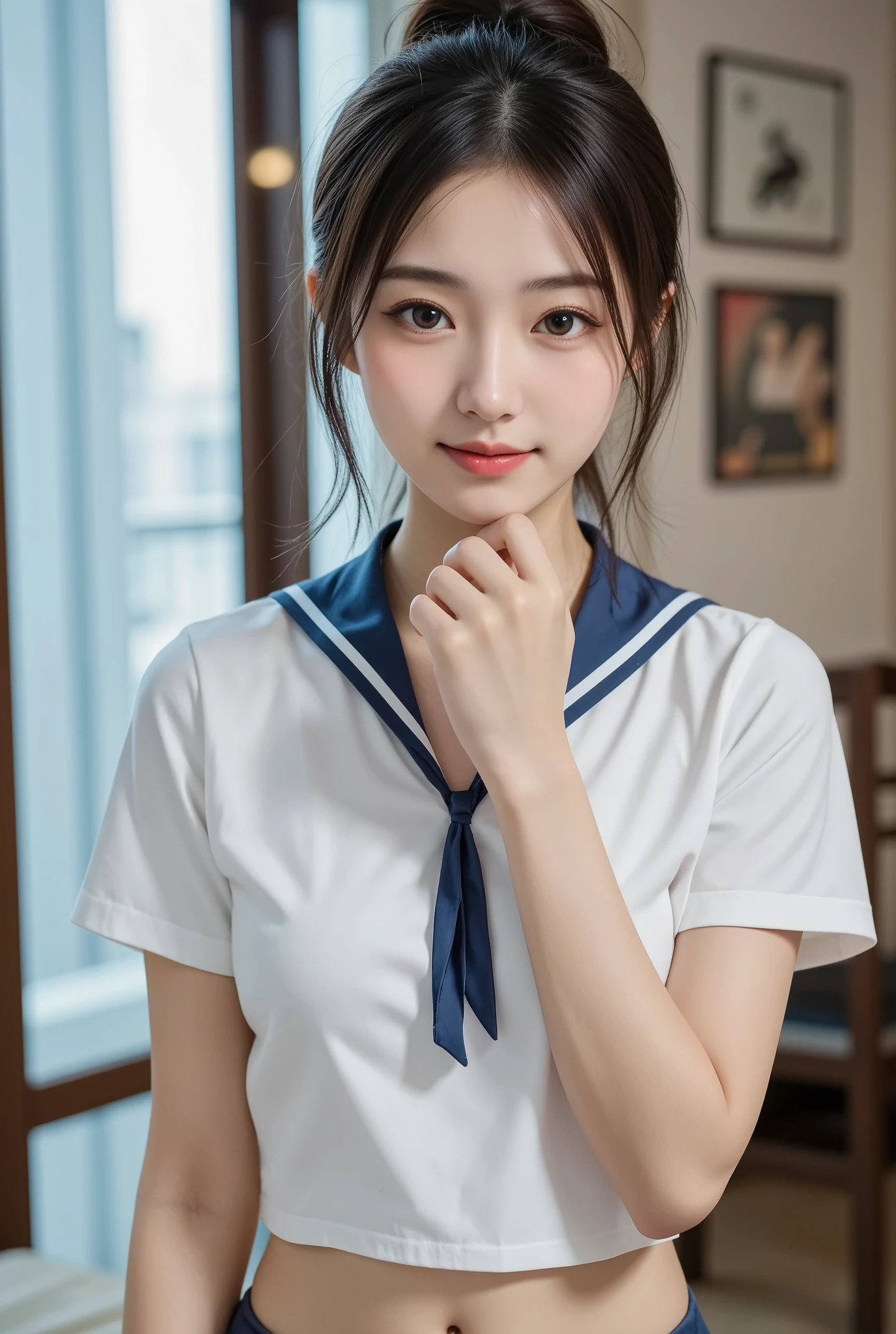 (Realistic lighting、top-quality、8K、​masterpiece:1.3)、32k、(1girl in:1.5)、(Composition from the knee up:1.7)、(High school girl in high school sailor suit:2.0)、summer clothing、(((Holding a student bag in front of his waist with both hands:1.8))), ((small tits:1.8))、((skinny  body:2.0))、((Ultra Slim Body Beauty:1.4))、(Slim abs:1.1)、((light brown long hair))、(outside of house:1.1)、City Street、Superfine Face、Fine eyes、二重まぶた