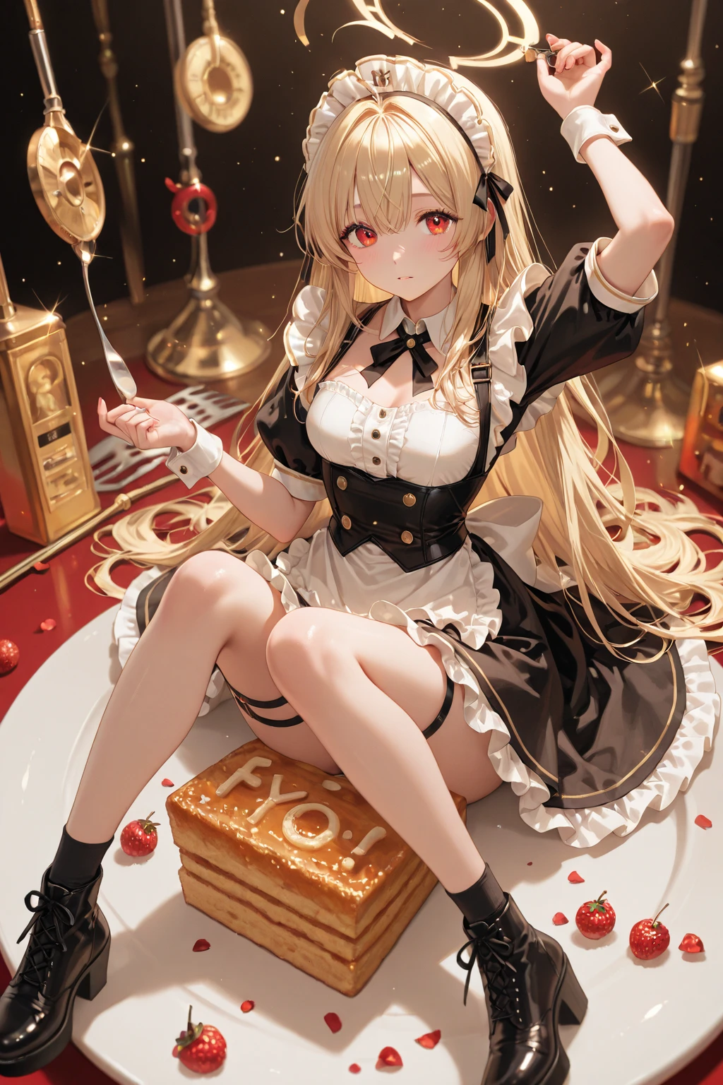 (small breasts:1.2), (perky chest:1.2), (pointed chest:1.2), (Pudding cake magazine cover:1.3),(from below:1.0),(shoot from the side:1.1),masterpiece, 1girl, Amazing Cleavage:1.1, thin waist, optimum,tmasterpiece,hight resolution,best qualtiy,hyper HD,super detailing,awardwinning,a 18yo cute girl,(The upper part of the body),anatomy correct,Beautiful Black miniskirt,garters,Gaze,Small face,bangss,holster,Beautuful Women,hands up,leg holster,Gaze,black boots,Cowboy Shot,cute face,a blond,Longhaire,Twin-tailed,Braids, Hairline,（scarlet eyes）,long eyelasher,Hanging eye corners,White skin of the, ((see through camisole:1.1)), ((Sheer nipples:1.0)),Rocket Tits,(Slim body),smile,seductive weak smiling,(with sparkling eyes and a contagious smile),little open mouth, Looking at Viewer, 