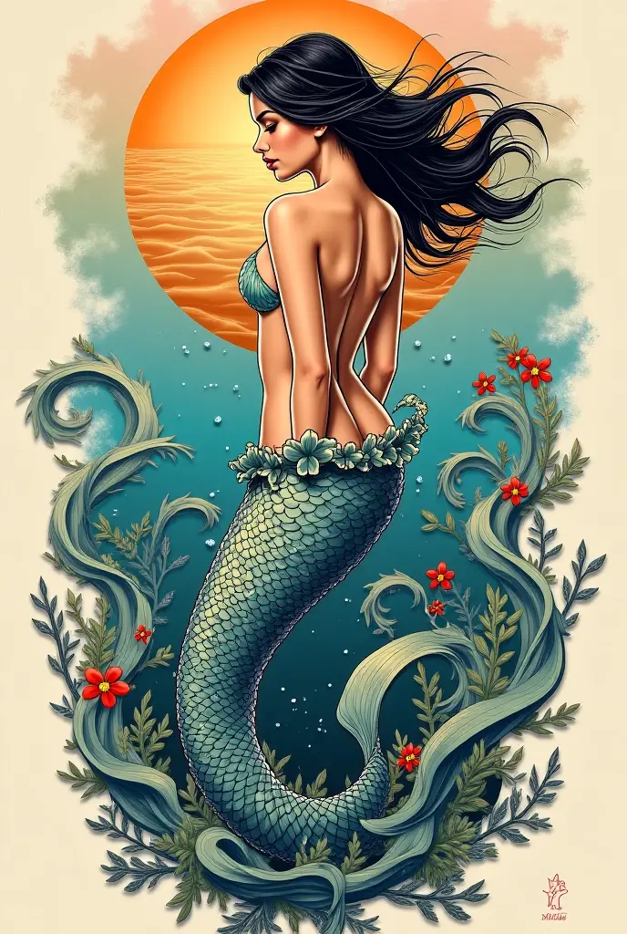 Draw a fish woman. She should look like a koi carp