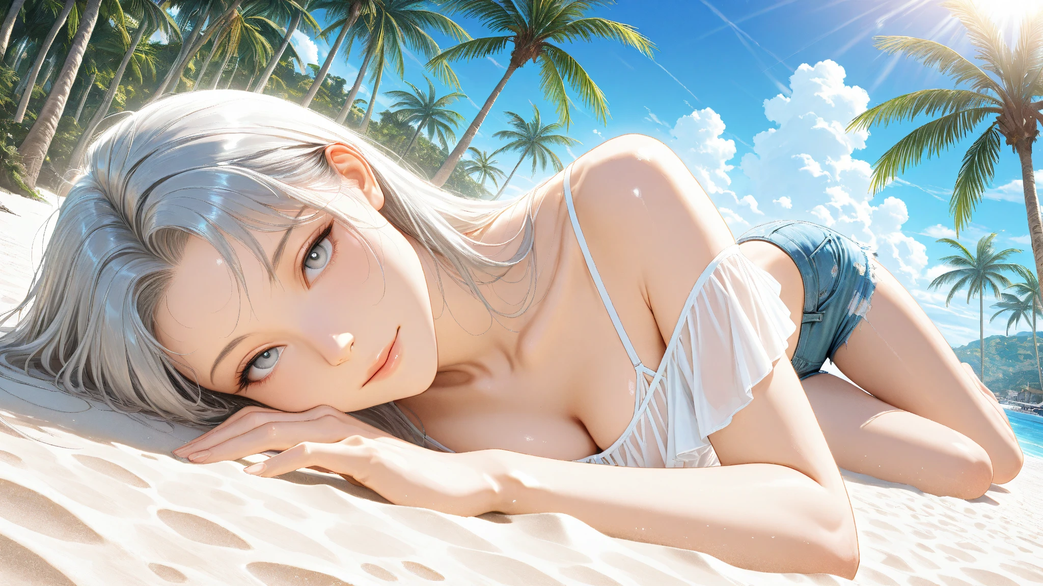 Best quality at best,A high resolution,nabel,jk bikini,hand on her own chest,The halo,full bodyesbian,wide blue eyes,Raised sexy,8K,,Beth,By the beach,lacepantyhose,with her mouth open,Open your legs,cute big breasts鼻子,cute big breasts,The mouth is relatively large,The legs are relatively long,Big chest,The eyes are relatively large,long whitr hair,The eyeballs are relatively large,Eyes sparkle,Naked foot,The nose is relatively large,white color hair,No shoes,prette,jk bikini,at a forest,Long legs,cute big breasts脸,vagina,Ultimate texture,detail of light