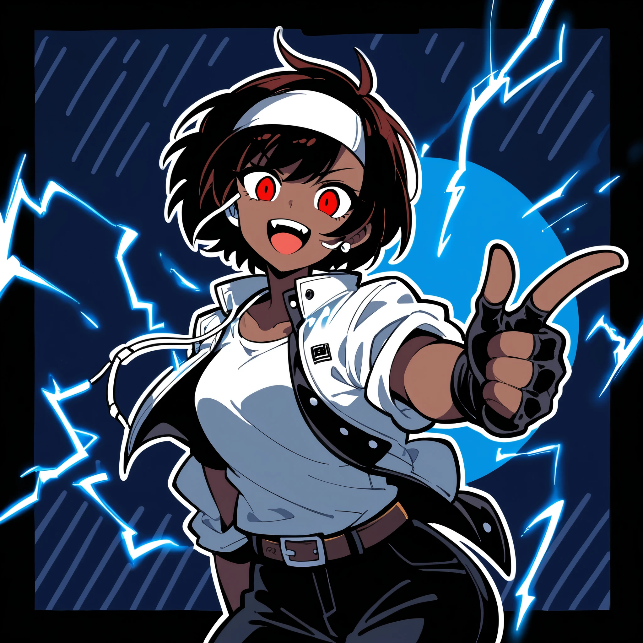 Masterpiece, Top Quality, Absurd, (black outline), (thick outline), limited palette, 1-girl, dark skin, dark hair, short cut, red eyes, round black goggles, white toothy smile, earphones, she is wearing ((black jacket with rolled up sleeves)), open jacket, black fingerless gloves, white T-shirt, (( white headband )), black pants, white shoes, brown belt:d, looking at viewer, finger gun, electricity, lightning, multicolor background, halftone