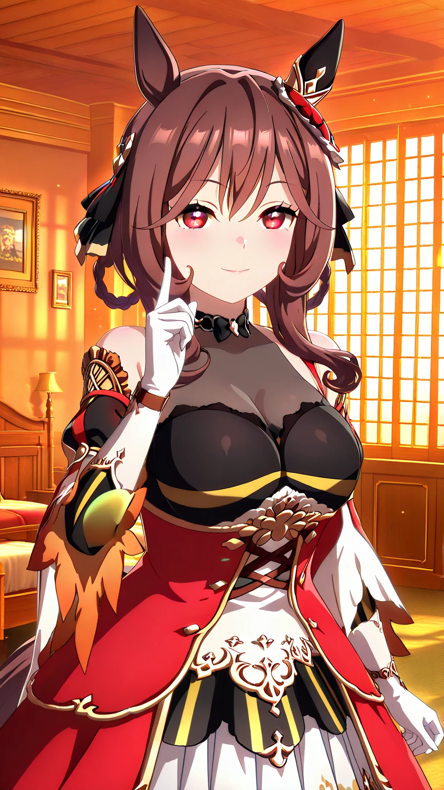 woman, medium breasts, brown hair, green eyes, medium hair, twintails, crown, blush, standing, dress, red dress, royal dress, detailed dress