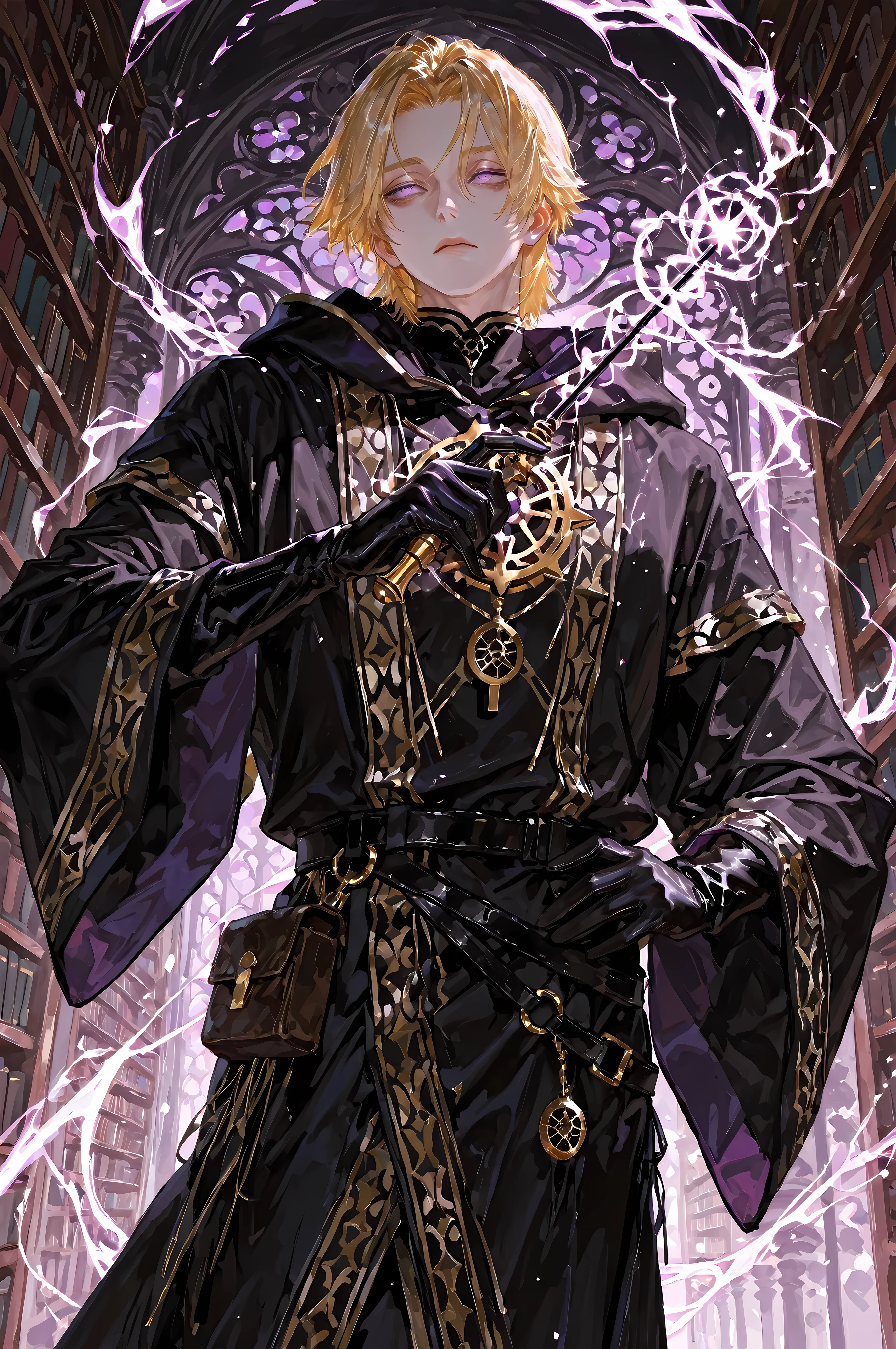 8k, beautiful masterpiece, looking ahead, alone, pale skin, Perfect Eyes shape, Athletic Build, ((He wears: long black robe with very wide sleeves and hood down, elegant black with purple accents wizard clothing, black belt with golden buckle, pouches and arcane objects attached to belt, golden Eye of Agamotto amulet, black arcane gloves)), (((background is library, is emotionless and somber while holding 1 "Elder Wand" and channeling energy))), mature man, 1 man, male-centered, handsome man, handsome, short hair, blonde hair, Thick painted, purplish eyes, Perfect Eyes, masterpiece, top quality, amazing quality, exquisite details, very detailed, semi-realism art, semi-realism art style