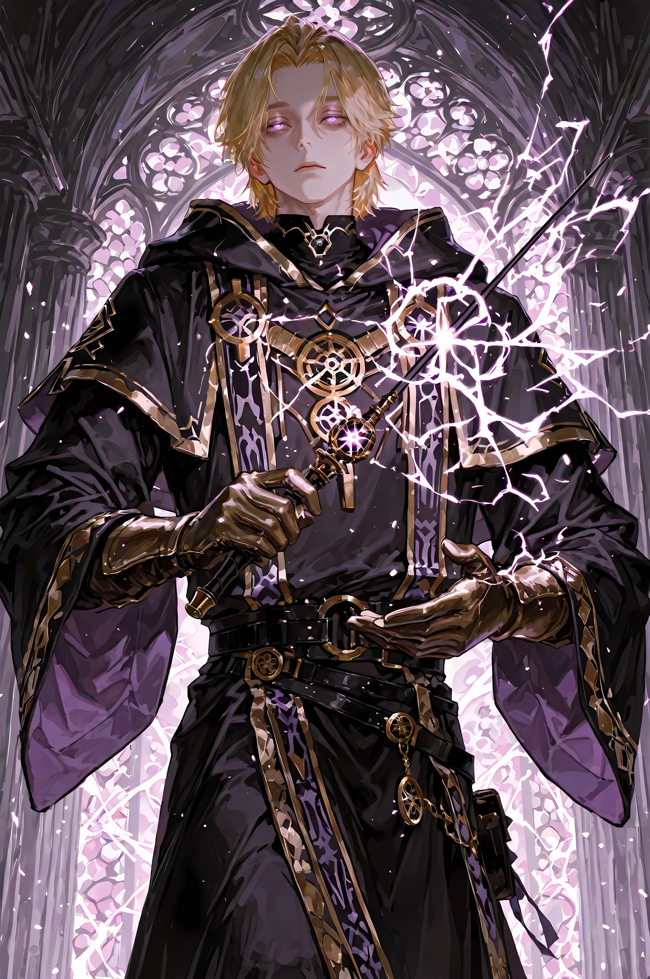 8k, beautiful masterpiece, looking ahead, alone, pale skin, Perfect Eyes shape, Athletic Build, ((He wears: long black robe with very wide sleeves and hood down, elegant black with purple accents wizard clothing, black belt with golden buckle, pouches and scrolls attached to belt, golden Eye of Agamotto amulet, arcane gloves)), (((background is library, is emotionless and somber while holding 1 "Elder Wand" and channeling energy))), mature man, 1 man, male-centered, handsome man, handsome, short hair, blonde hair, Thick painted, purplish eyes, Perfect Eyes, masterpiece, top quality, amazing quality, exquisite details, very detailed, semi-realism art, semi-realism art style