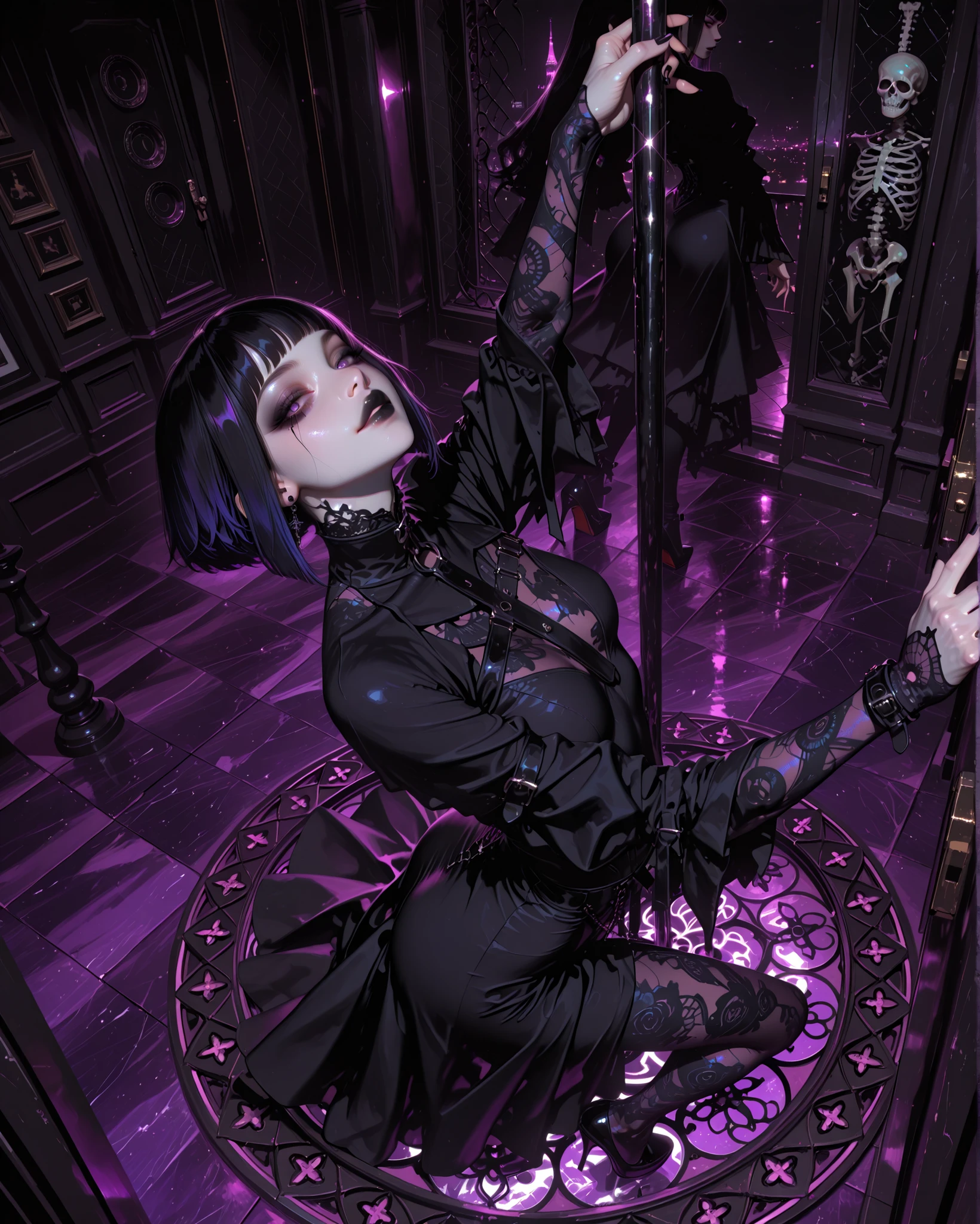 ((high angle)) tall gothic woman, pale skin, sleek black bob haircut, wearing a tight, form-fitting skeleton bodysuit with detailed bone patterns, high heels, bold dark makeup, smoky eyes, black lipstick, confident and alluring expression, dynamic pole dance pose showing strength and elegance, atmospheric dark nightclub setting, moody colored lights (purple and blue), soft haze in the air, reflections on the floor, cinematic lighting emphasizing her silhouette and bone-pattern outfit, ultra detailed, 8k realism, gothic fashion meets pole dance