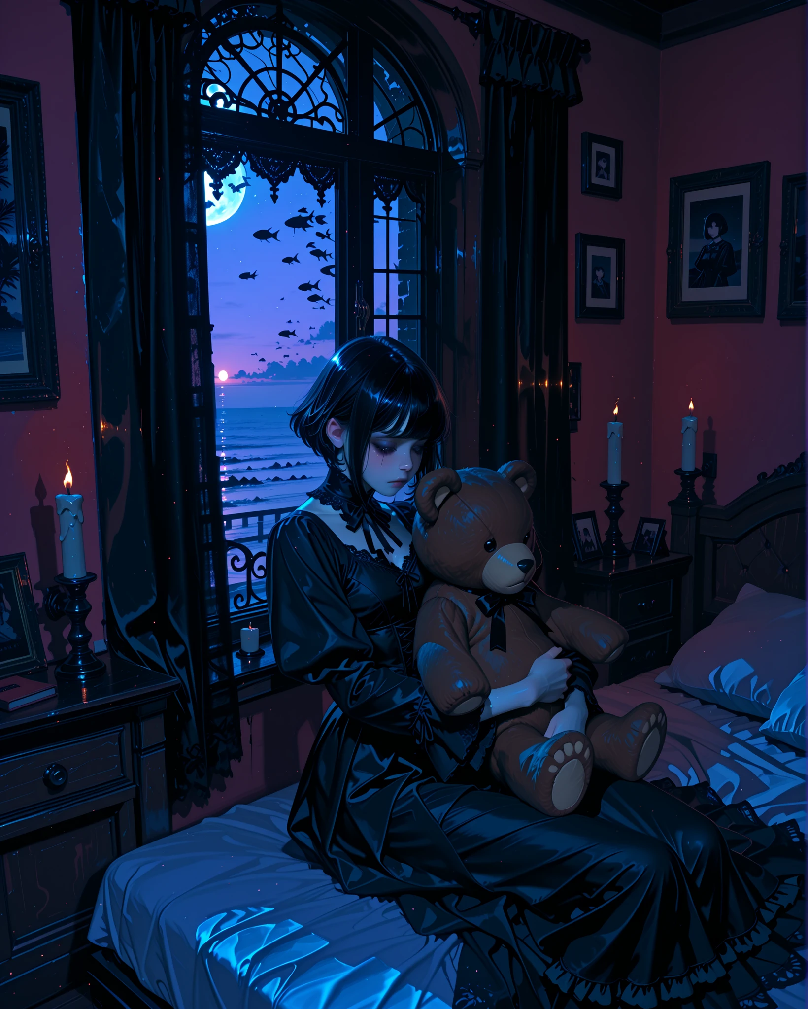 gothic girl, pale skin, black bob haircut, sitting on a bed in a softly lit gothic bedroom, hugging a big black teddy bear tenderly, expression sad but sweet and melancholic, subtle gothic makeup, soft tears in her eyes, the room feels cozy yet lonely with details like lace curtains, candlelight, and dark furniture, through the window the bedroom appears submerged deep under the ocean, with soft rays of light filtering from above, silhouettes of fishes and marine life drifting peacefully outside, dreamy and melancholic atmosphere, cinematic soft lighting, highly detailed, ultra realistic, emotional illustration