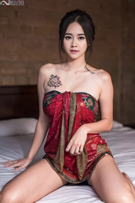 a beautiful girl with detailed tattoos on her body, ((text tattoo on body:LOVE)), wearing a sarong dress, beautiful detailed eyes, baby face, cute girl, large breasts, earrings, a woman laying on luxury bed, legs spread open, exposing her dark hairy pussy, inviting intimate pose, high quality, photorealistic, detailed anatomy, masterpiece, 8k, realistic, hyperdetailed, cinematic lighting, dramatic lighting, natural skin tones, vivid colors, warm color palette