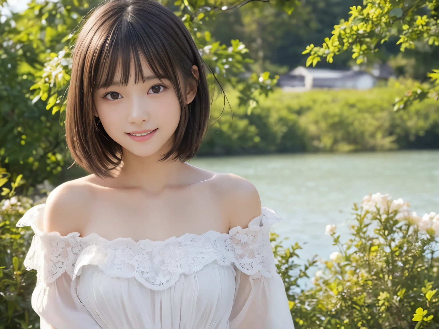 14 year old cute Japan girl in white camisole、Crystal clear white skin、pale pink cheeks,、Bust Up Portrait、short-hair、Looking at the camera、鎖骨、High-angle camera shooting