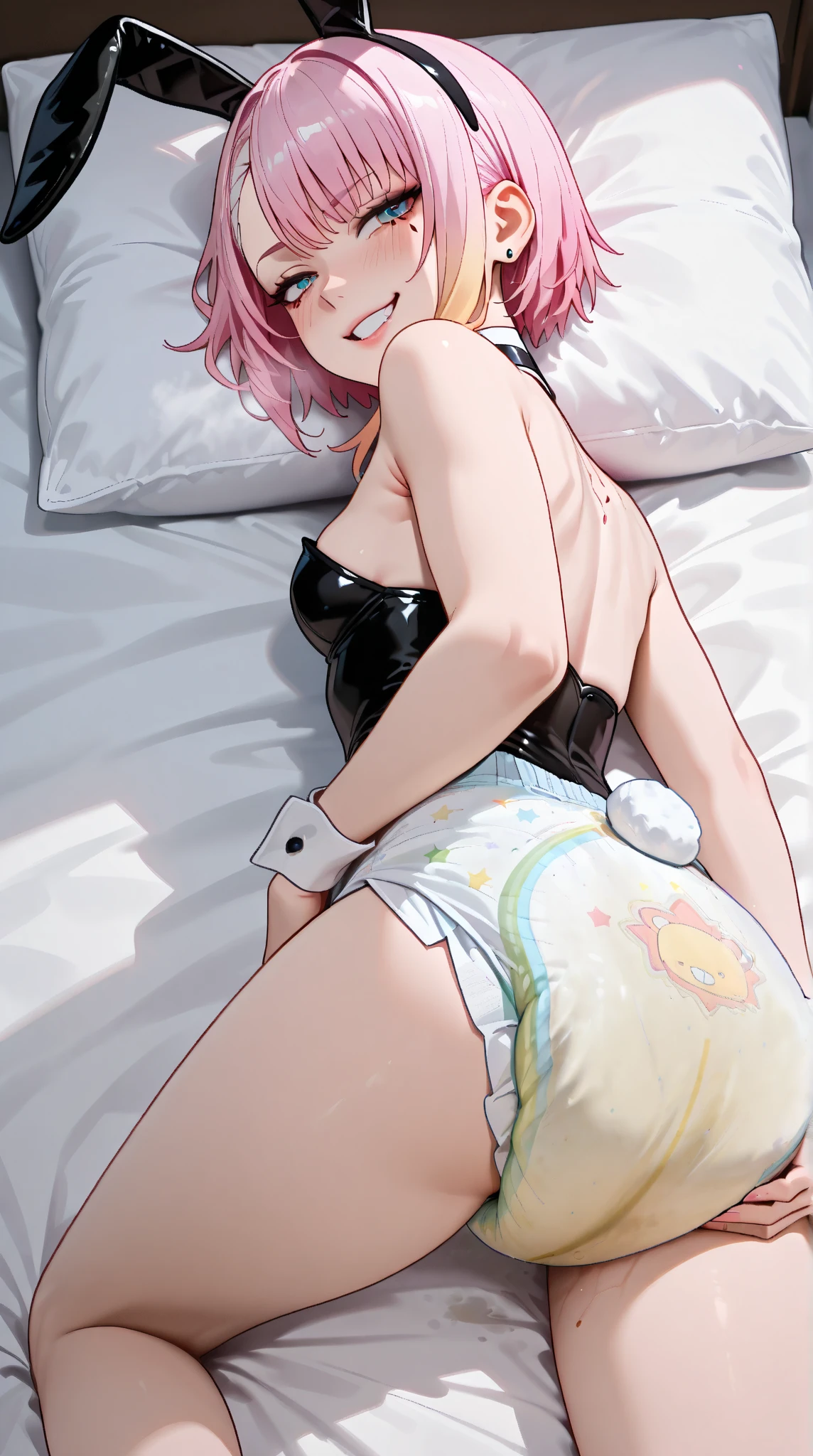 (masterpiece, top quality, best quality, highly detailed:1.2), semi-realistic, 1girl, solo, photo of a cute catgirl laying on her bed in a soiled diaper, bedroom, indoor, laying down, diaper, lion patterned diaper, wet diaper, soggy diaper, messed diaper, diaper mess, hypermessing, diaper waistband peek, faded wetness indicator, pink lacey bra, golden coller, ruby ring, red lipstick, blonde, blonde cat ears, blonde cat tail, yellow cat eyes, cat claws, bed