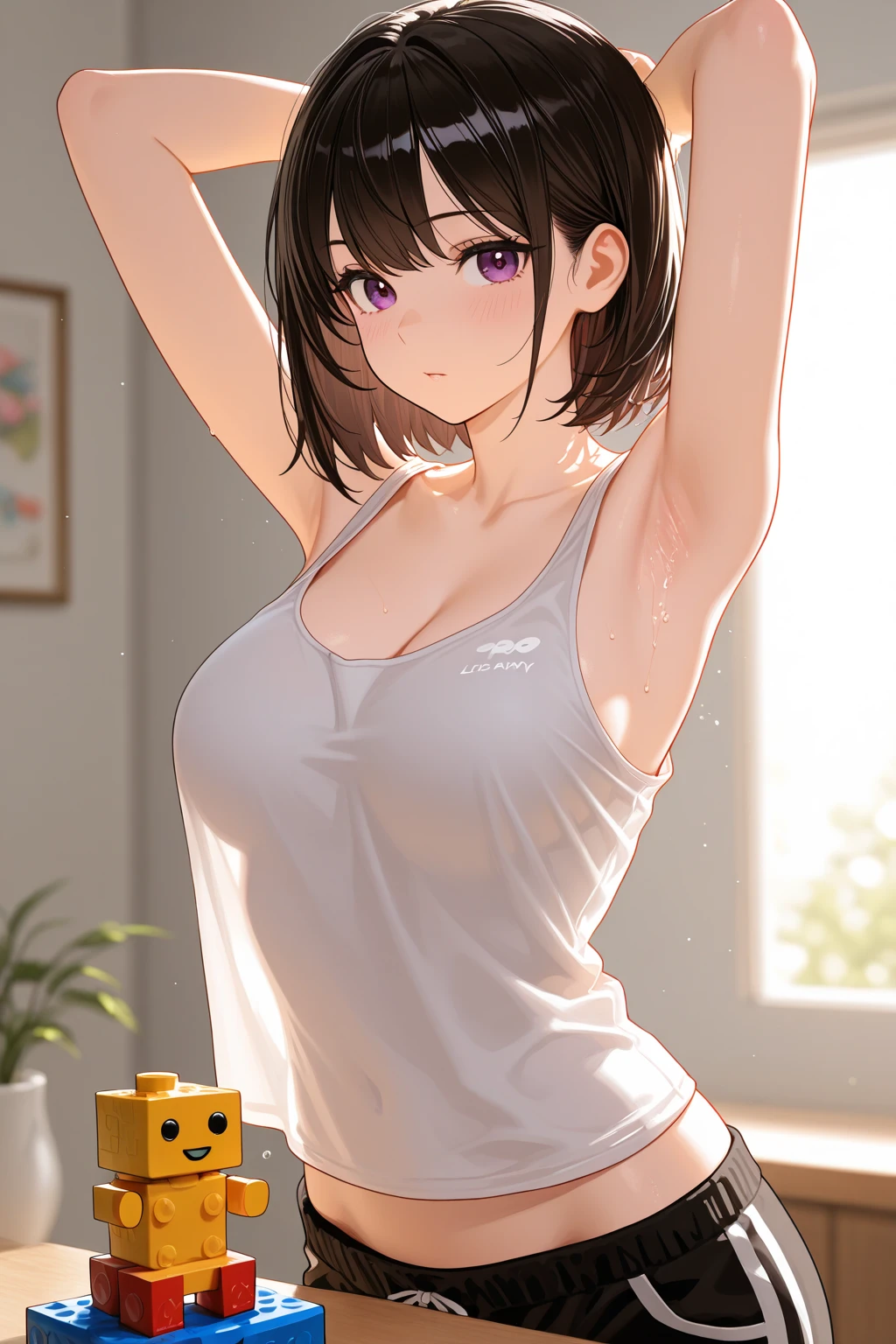 Detailed hair, detailed skin, detailed fabric, detailed eyes, detailed lips. Brown haired young woman, beautiful, bob hair, brown eyes, small to medium breasts, smiling, cropped tanktop, cleavage, arms behind head, smiling, tight leggings, Tokyo, nervous, blushing, embarrassed, gravure magazine cover.