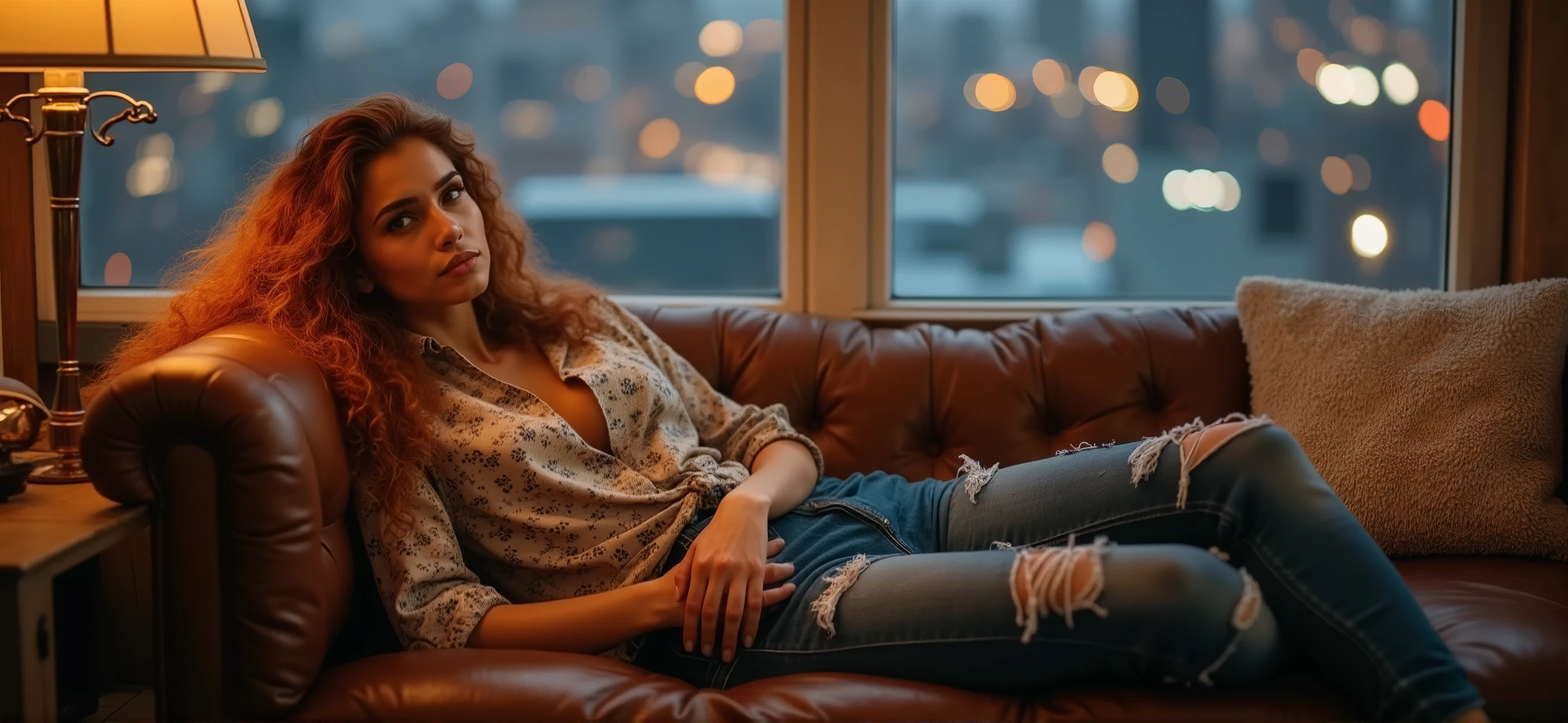 Beautiful Arab girl, With long, red, curly hair ,  wearing tight, ripped jeans and a floral button-down shirt, she's lying on a brown leather couch near the open balcony , Backward , We see the city at night and the Light of the cars and furniture , detailed woman's face, Calm expression, high quality,  Realistic image , 4k, Beautiful Shape, movie studio lighting, Vivid colors, realistic features,