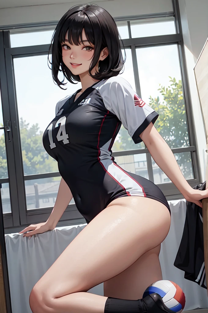 ((((perfect anatomy, anatomically correct, super detailed skin)))), 1 girl, japanese, 16 years old, volleyball player, shiny skin, watching the view, 
beautiful hair, beautiful face, beautiful detailed eyes, brown eyes, (short hair:1.2, bob cut:1.2), babyface, mole under eye, 
beautiful collarbones, beautiful body, Beautiful breasts, beautiful thighs, beautiful legs, large breasts:0.5, seductive thighs, cameltoe, bare arms, bare hands, bottmless, 
((symmetrical clothinetallic, sleeveless, red volleyball uniform, red buruma)), 
smile, sitting floor, ((((m leg, spread legeautiful scenery), morning, ((inside volley ball field)), 
(8k, top-quality, masterpiece​:1.2, extremely detailed), (realistic, photorealistic), beautiful illustration, natural lighting,