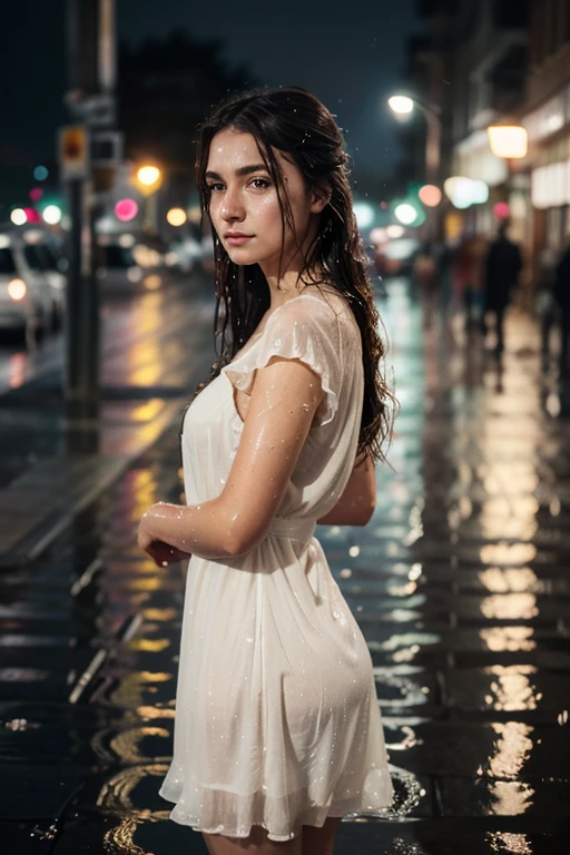 ((Best Quality, 8K, Masterpiece:1.3)), Focus: 1.2, Perfect Body Beauty: 1.4, Buttocks: 1.2, ((Layered Haircut, Breasts: 1.2)), (Wet Clothes: 1.1) , (Rain, Street:1.3), Bandeau Dress: 1.1, Highly Detailed Face and Skin Texture, Delicate Eyes, Double Eyelids, Whitened Skin, Long Hair　In underwear Thin eyebrows　Japanese