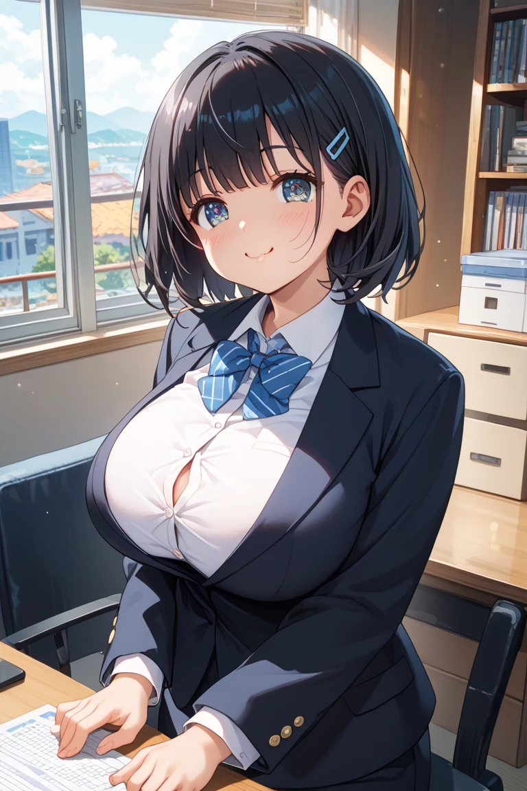 A cute girl studying, Beautifull detail eyes, Wearing White Shirt, Sitting Down, 1girl, Solo, Huge Breasts, Short Hair, Bangs, Short Hair, Brown Hair, High Resolution, Professional Lighting, Vinyet, Closed Mouth, Books On Background, Low Light, Cinematic, Medium Long Shot, High Angle Shot