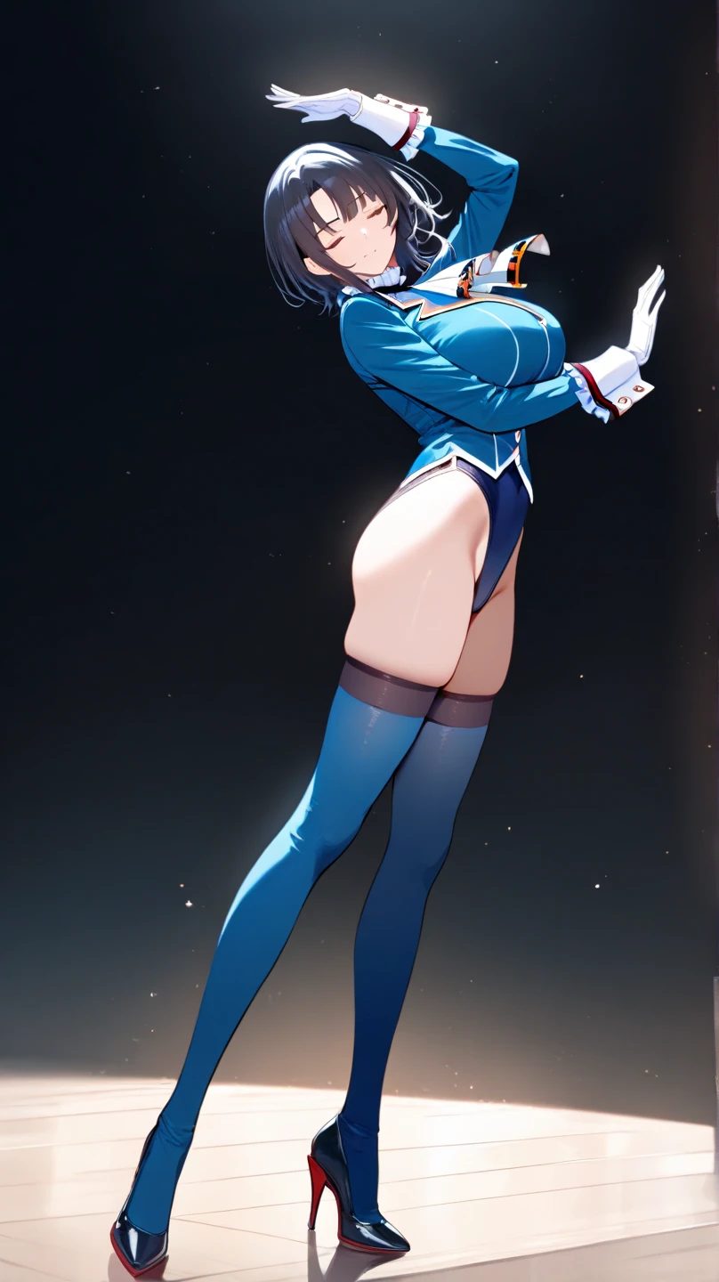 A detailed portrait of Sailor Mercury,  beautiful detailed blue eyes, long eyelashes, beautiful detailed lips, extremely detailed face and features, (( short blue hair )), sailor uniform, (white panties tucked in from the crotch, shaved) in a futuristic cityscape, lights neon, glowing energy effects, cinematic lighting, hyperdetailed, digital art, from below, from below, 8k, high resolution, masterpiece, accurate, anatomically correct, textured skin, high details, best quality, high resolution