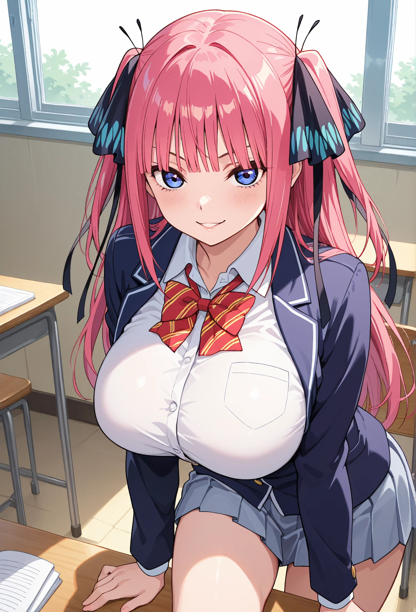 highest quality,wonderful,finely,extremely detailed CG unity 8k wallpaper,1 girl,priest(dq3), big breasts,(school uniform:1.4),(Black Band Top:1.3), bare shoulders, clavicle, (underboob:1.3), cleavage, huge breasts,pink hair, green eyes,twin tails, highest quality,Super detailed,unity 8k wallpaper,game CG,
