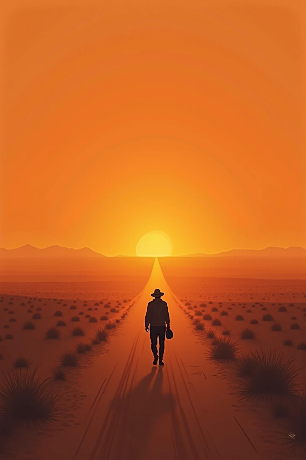 A wanderer walking along a long desert road at sunset, the burning orange of the horizon. with dust falling behind you at every step. scene evokes loneliness, toughness, and a beautiful. drawn in minimalist landscape realism, a warm color palette, 4k composition.