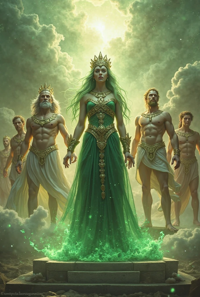 Create an image for a magazine cover titled Once Upon a Time in Greece that looks mystical and features several characters from Greco-Latin literature of Medusa without a title and Medusa