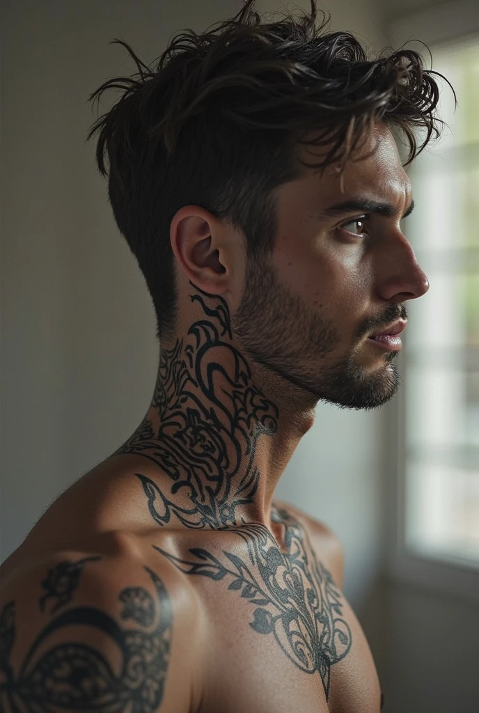 Chat gpt provide an image of a man with the following characteristics please;
one-ninety-eight White American Male Solid, sculpted muscles on every inch of his powerful body.
His black hair met his shirt collar gray eyes thick dark black hair thin scar cutting across his left eyebrow, giving a menacing touch to good looks.
shadow of a beard on his face, a hint of a tattoo escaping from both sleeves of his shirt.