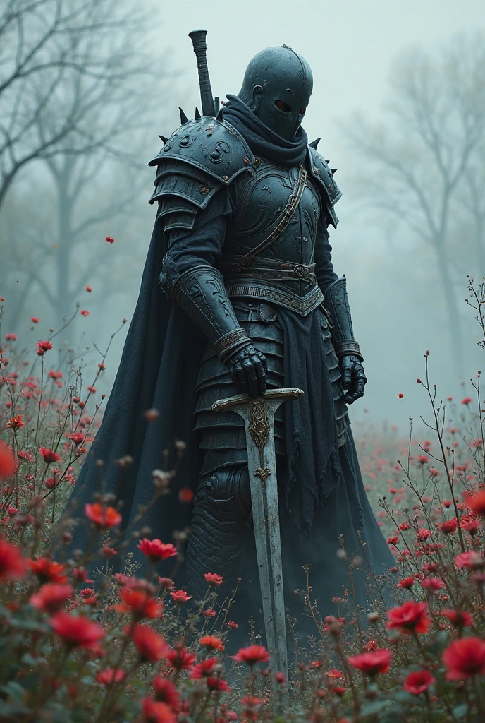 Dark fantasy warrior in dark armor holding his sword, defeated and ...
