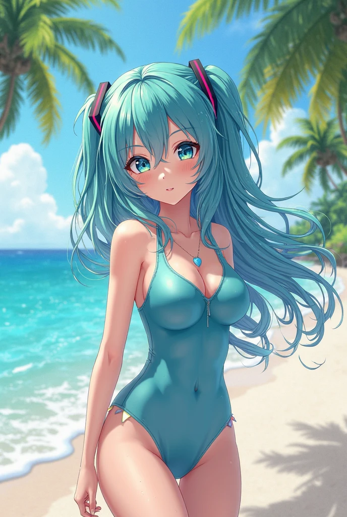 Ram-chan,invader,Very tiny tiger stripe bikini,Micro Bikini, Panties have a lot of horizontal stripes,Face forward and spread your legs wide., Big Ass,Resort Beach, sun, Highest quality, High definition, Variegated eyes, Beautiful Eyes, beautiful girl, Big Breasts, blush,（It has two small demon horns on its head.）,Sunlight shining from the front,Big Breasts,The swimsuit is digging in,smile,Hair is turquoise blue（,With its mouth open, sharp canines are visible.,）