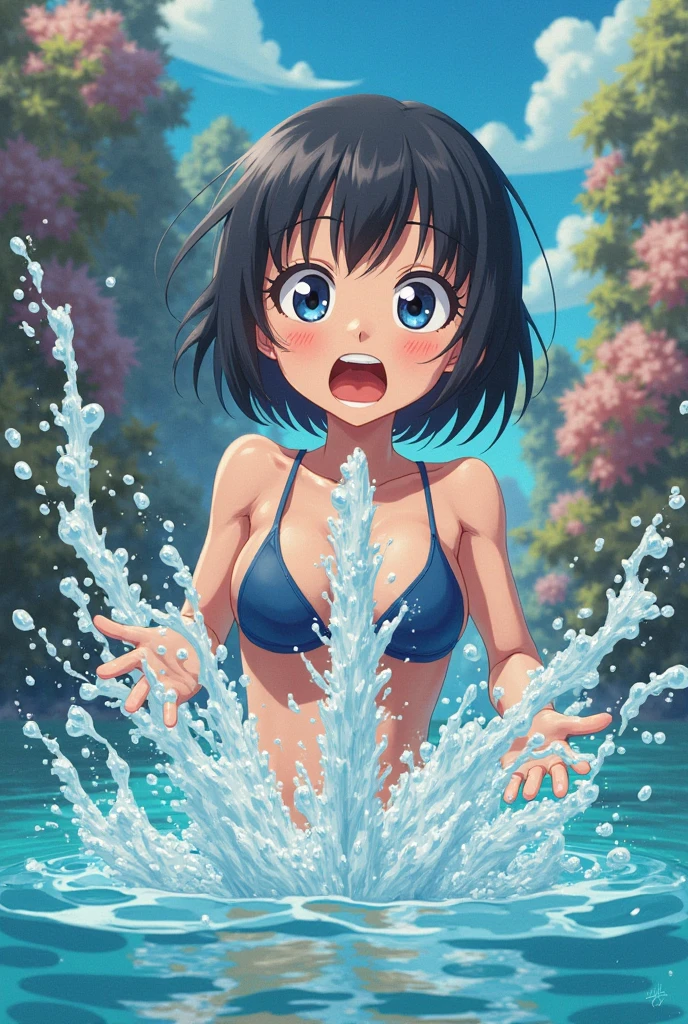 masterpiece, Highest quality, High resolution, (Mizuno Ami),1990s \(style\),Blue swimsuit、Blue Bikini,(C cup beautiful breasts),Sweating all over the body、vapor、Hosomi、sexy、A face writhing in pleasure、The whole body is covered in sex fluids、Sweaty、Composition looking up from below、Crying face、Semen splattered on face、Anime-style painting style,Blue Hair、Shortcuts、Composition focusing on the upper body,(One Woman)