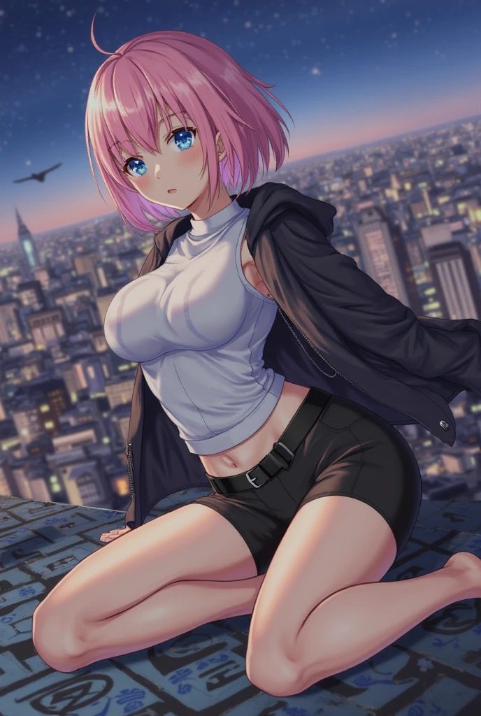 Masterpiece, anime illustration, anime girl, anime giantess, playful, no clothing, giantess images city, medium hair, straight hair, green eyes, genki, smiling, having fun, giga giantess, modern city, large breasts, taller than skyscrapers, biggest giantess, light hair, not wearing clothes, exposed nipples, exposed crotch, no clothing, nudist, giga giantess art, exposed chest, larger than entire city, pastel pink hair, excitable, breast expansion, low angle, extreme low angle, hairy crotch, grinning happily, perfect beauty, biggest chest, oppai, thick thighs, naked, nude