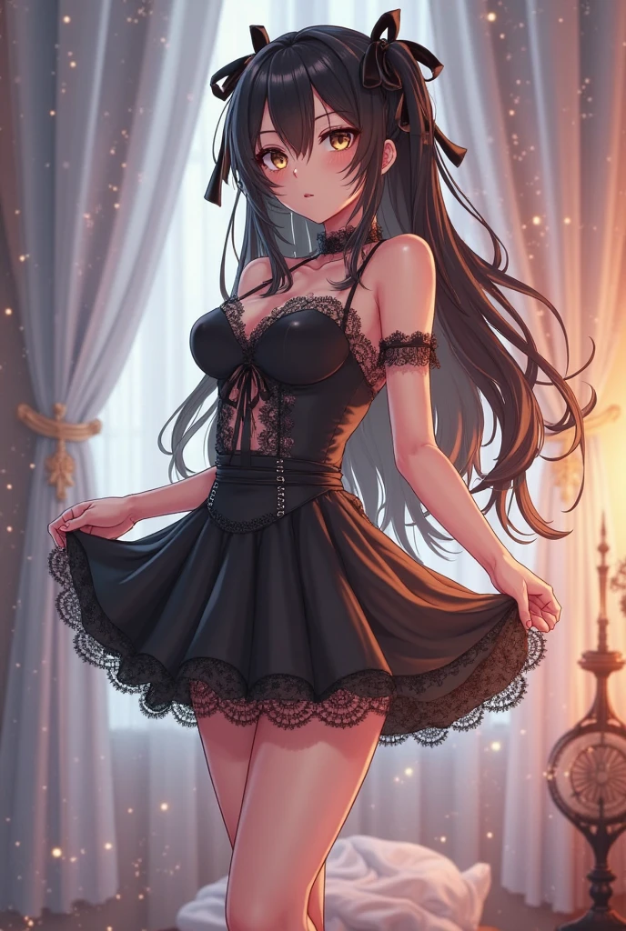 Lace,Ribbon,(masterpiece, Side Light, 精致beautiful灰色眼睛: 1.2), Medium breasts, Practical, Shiny hair,Black Hair,long hair, Glowing skin, Solitary, Awkward,Strapless,Beautifully,beautiful,garden,Flowers,Flying petals, Bare legs, Cherry blossoms, light, Composition, Rich expression