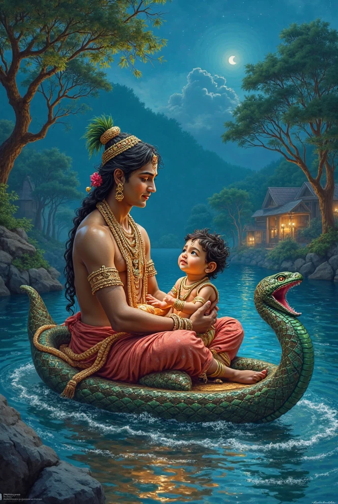Vasudev ji has made Krishna ji sit in a small bundle and placed it on his head and is crossing on the river and it is raining heavily. Sheshnag ji is protecting Krishna ji from the rain with his 5 hoods.