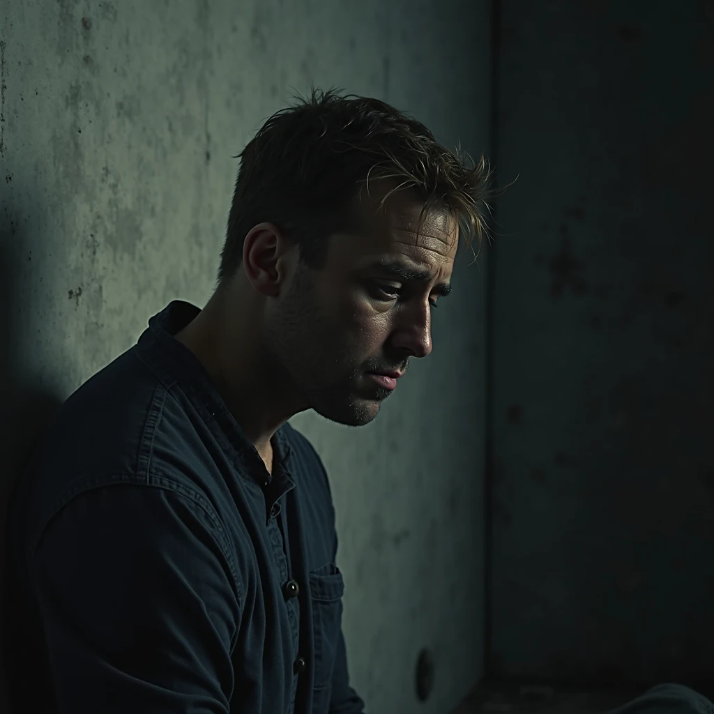 headshot of Micheal looking so sad in his room, micheal's son sitting beside him, 8k realistic imagery, blue scenery like a movie scene, old american setting, inspired by blade runner movie scene, blue tone,