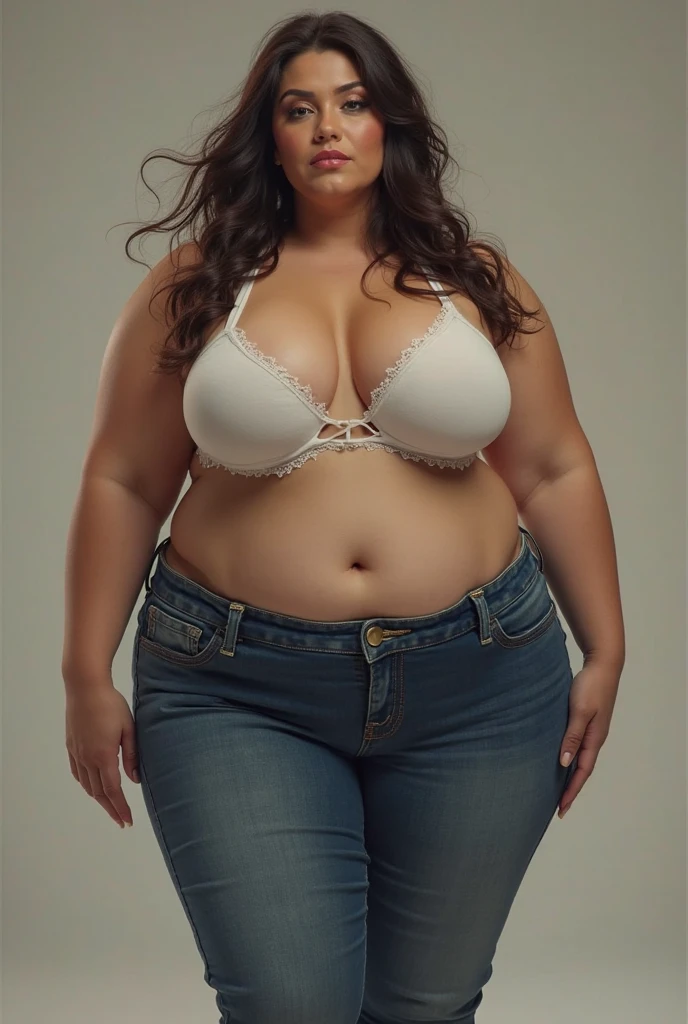 Sexy mother of 40, wide hips in jeans and tight white bra slim 