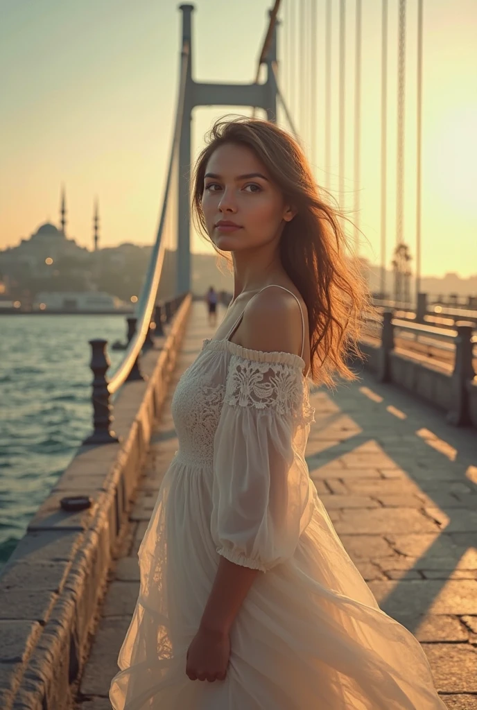 (best quality,4k,8k,highres,masterpiece:1.2),ultra-detailed,(realistic,photorealistic,photo-realistic:1.37),portraits,vivid colors,studio lighting,sharp focus,masterpiece-like expression,stylish sunglasses,glamorous,confident stride,lively atmosphere,serene river view,paved embankment with vibrant flowers,soft natural lighting,gentle breeze caressing the model's hair,subtle shadows adding depth to the scene,lively passersby in the background,enchanting sunset hues reflecting in the water