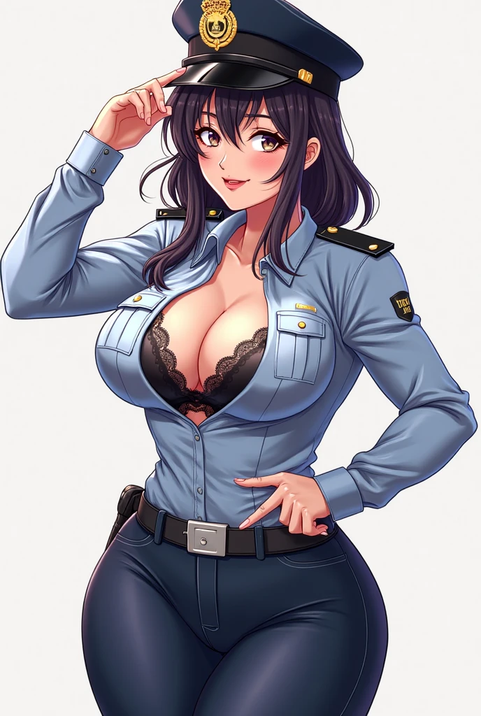 Close-up of a policewoman in a police uniform posing for a photo, Short black hair, Light blue shirt, blackminiskirt, Jumpsuits, Black boots, Busty, Sexy girl, Jaw-dropping beauty, with beautiful exotic, cleavage, Very sexy, Looks hot, jaw-droppingly beautiful, Sexy look, beautiful upper body, Attractive body, Clothing that exposes, thicc, Large bust, With large breasts, sie boob, really large bust, huge tit, Ruddy cheeks, perspire, Soak the whole body in milk, A look of shame, Standing in a dimly lit iron cell