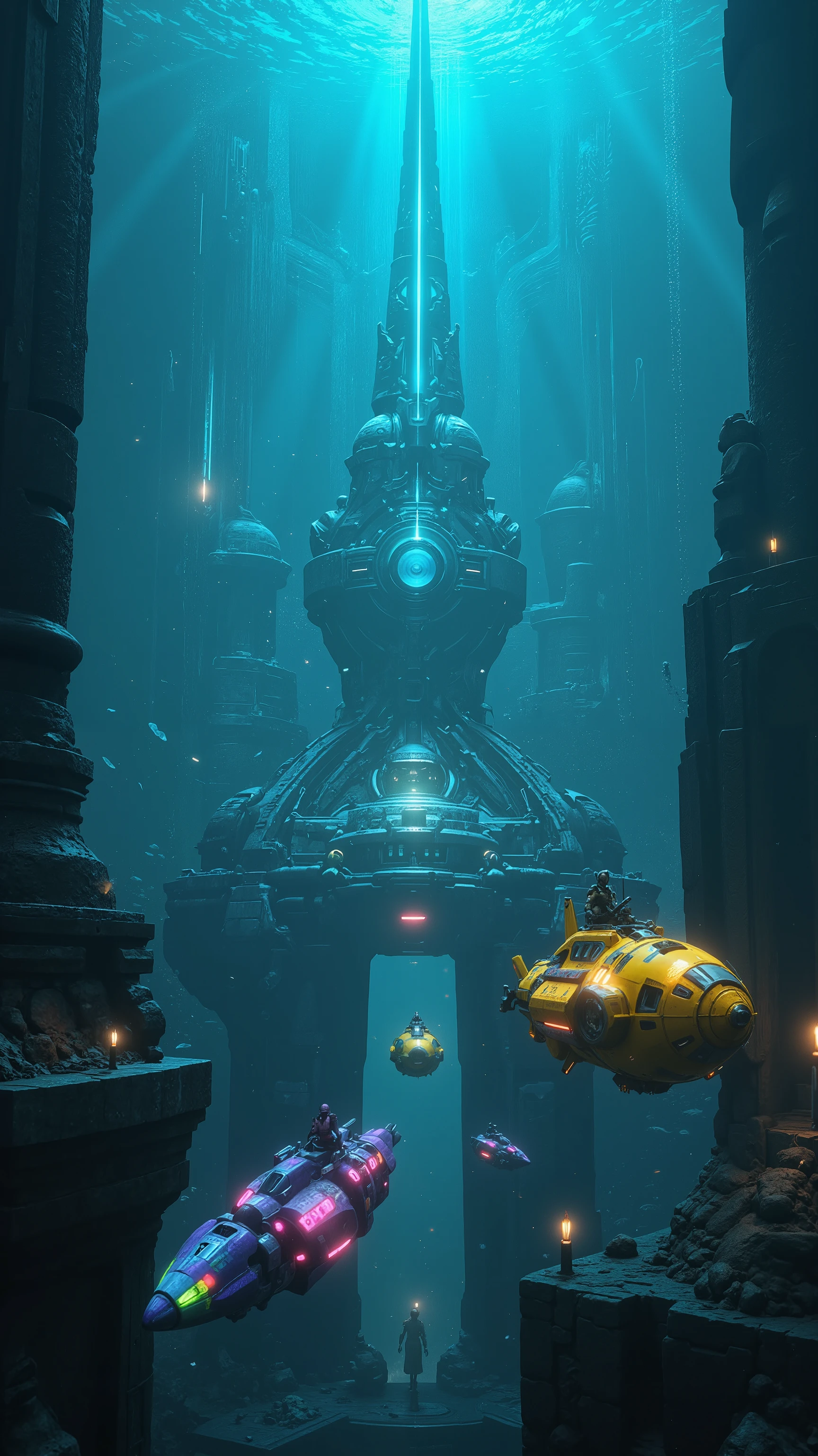 highdefinition image、Undersea City、Many colorful submarines are going、Survivors of Atlantis Civilization、