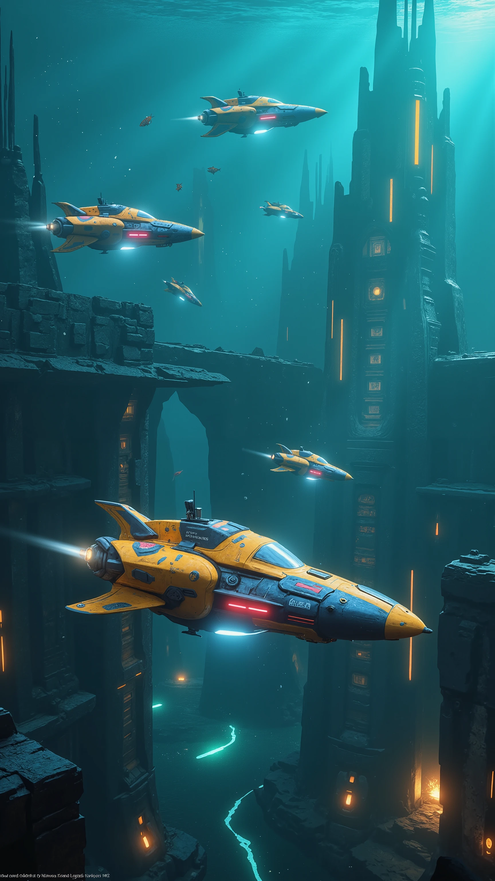 highdefinition image、Undersea City、Many colorful submarines are going、Survivors of Atlantis Civilization、