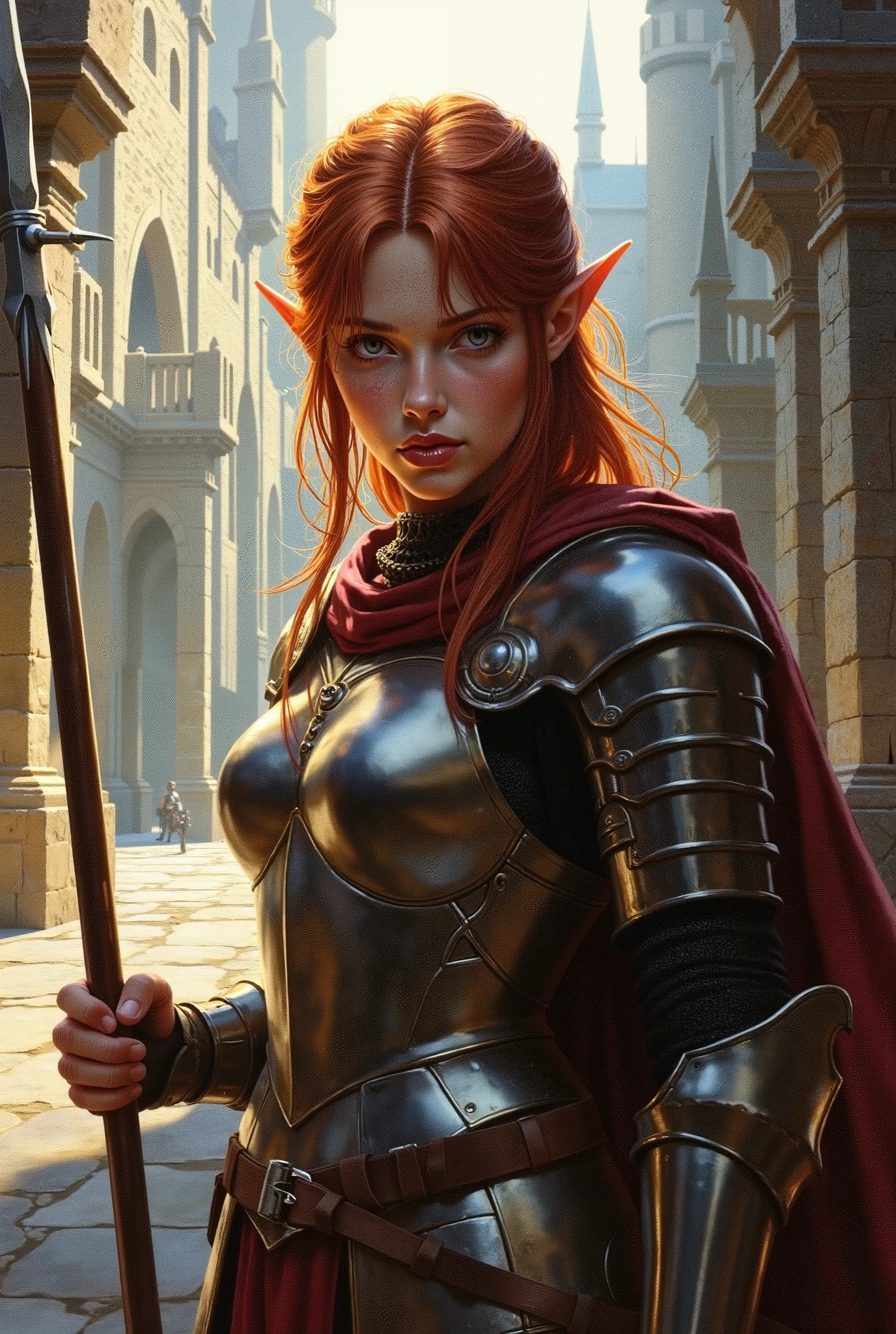 ((((( oil portrait)))))) : hyperrealism,maximum detail, portrait photo : An elegant Elfi girl dressed in the armor of a Roman legionnaire, in her right hand, a pilum spear makes its way through the courtyard of the knight's castle, twilight, ), her red hair is tangled, blue eyes scared, (,fantasy),hyperdetail,close angle на элфийкуу, Lighting ,Sunset, twilight,close angle,hyperdetail