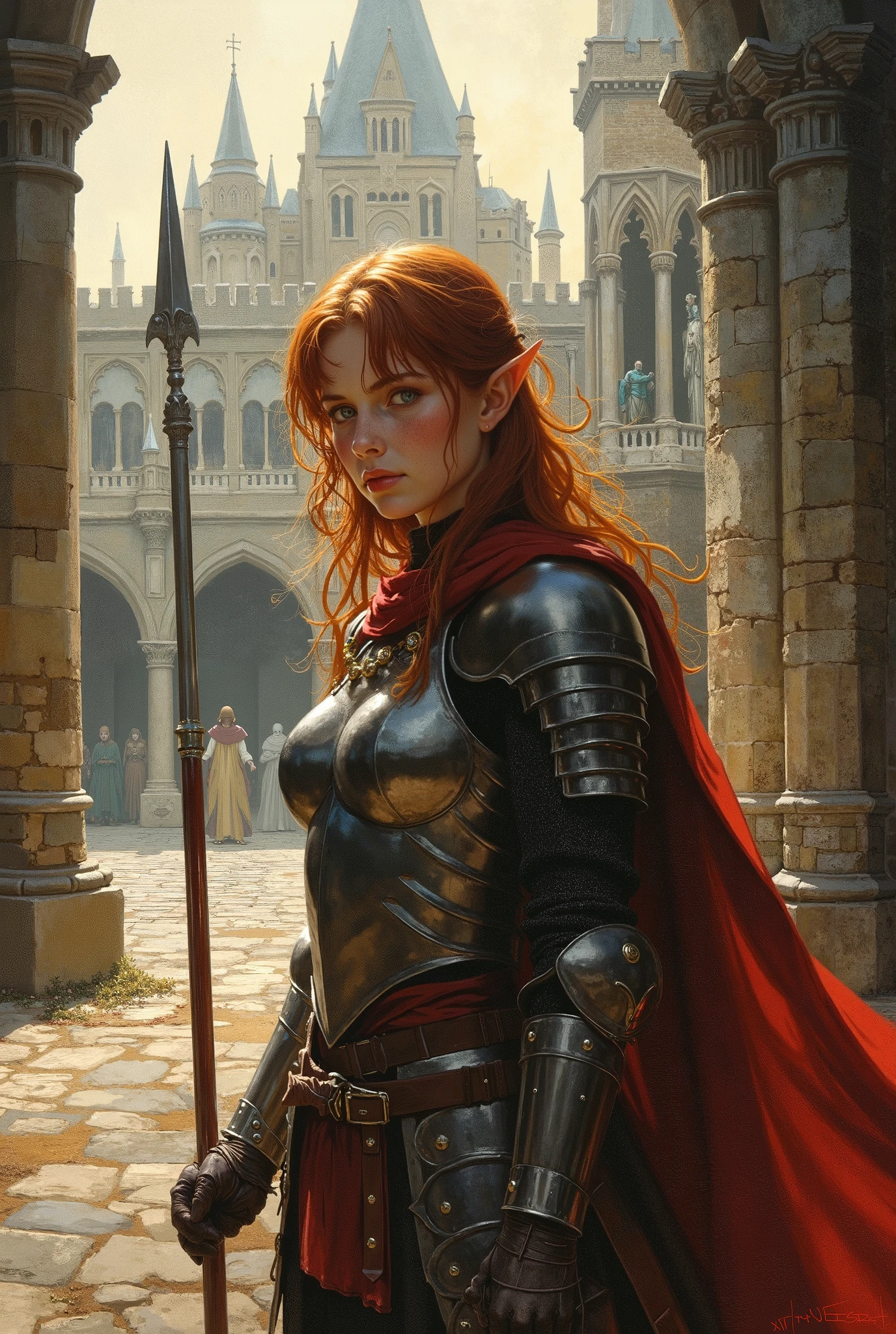 ((((( oil portrait)))))) : hyperrealism,maximum detail, portrait photo : An elegant Elfi girl dressed in the armor of a Roman legionnaire, in her right hand, a pilum spear makes its way through the courtyard of the knight's castle, twilight, ), her red hair is tangled, blue eyes scared, (,fantasy),hyperdetail,close angle на элфийкуу, Lighting ,Sunset, twilight,close angle,hyperdetail