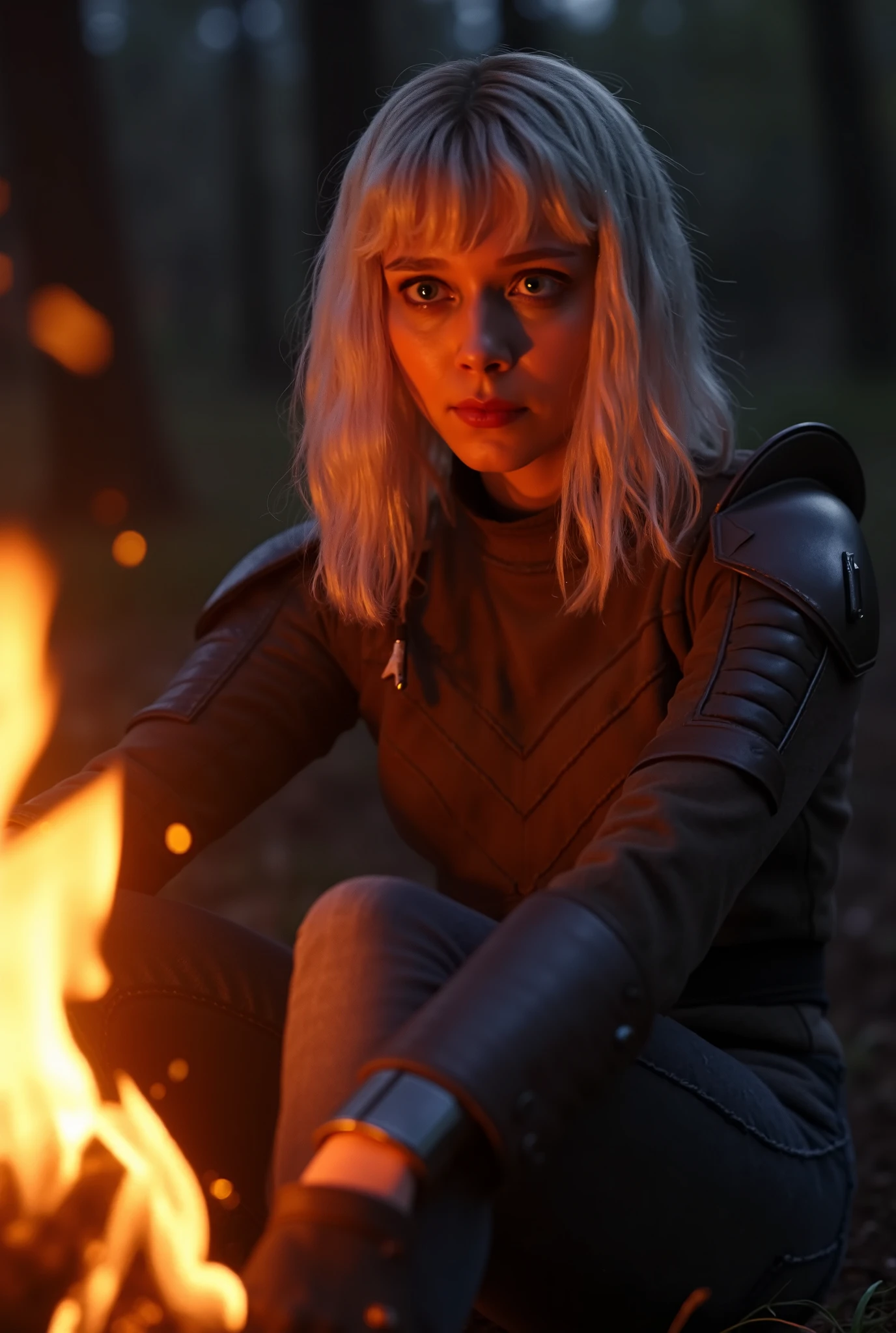 1 garota em, idade19, only, Long wavy blonde hair, hair disheveled by the wind, cabelo loiro, corpo inteiro, Seios colossais, sitting next to a fire, wearing brown leather jacket, jeans azul-escuro, (extremely detailed 8K wallpaper), Ambient Lighting, alta qualidade, film grain, Fujifilm XT3 sharp focus, f 5.6, 50 mm, alto detalhe, Sharp focus,(luz escura), Ambient Lighting, noite, (sedutor), Realista, incredible details, detalhes complexos, hiper detalhado,