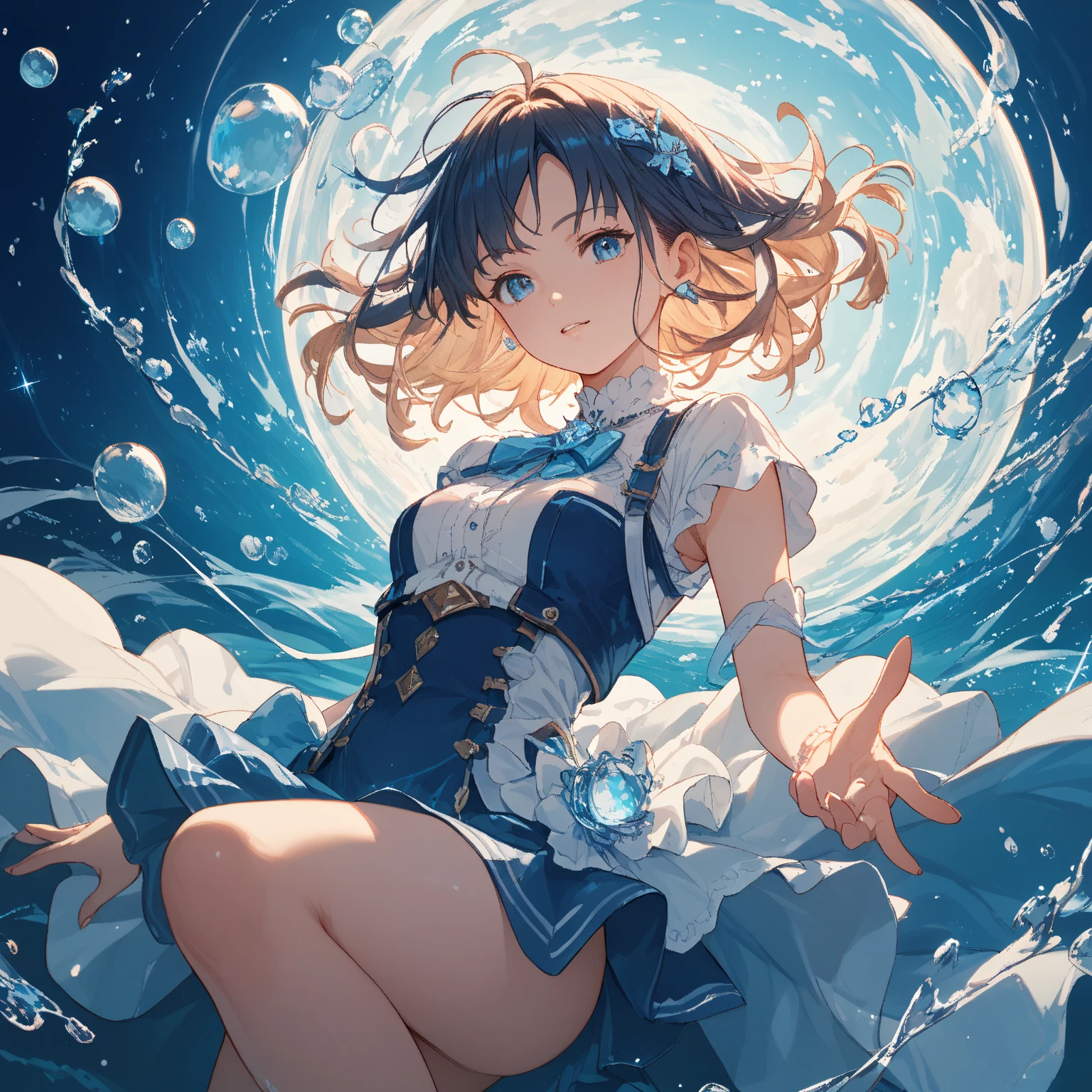 Illustration, UHD, retina, masterpiece, accurate, anatomically correct, super detail, high details, high quality, award winning, best quality, highres, good , 1080P, HD, 4K, 8k, 16k, 1girl, dynamic pose, androgynous, detailed eyes, detailed clothes, detailed hair, rendering, strands of hair, cute waifu, short brown hair, spiky hair, medium length locks, teal-greyish eyes, thick eyes lashes, smiling, beautiful, water splashing, wearing a detailed and intricatde greyish-blue and gold outfit, black mirco pleated skirt, wearing white thigh highs, deattached sleeves, overisized sleeves, bow at the back of her head, blush, sitting down, legs crossed, looking at viewer, side  window, collar, chains in forground, black background, stars