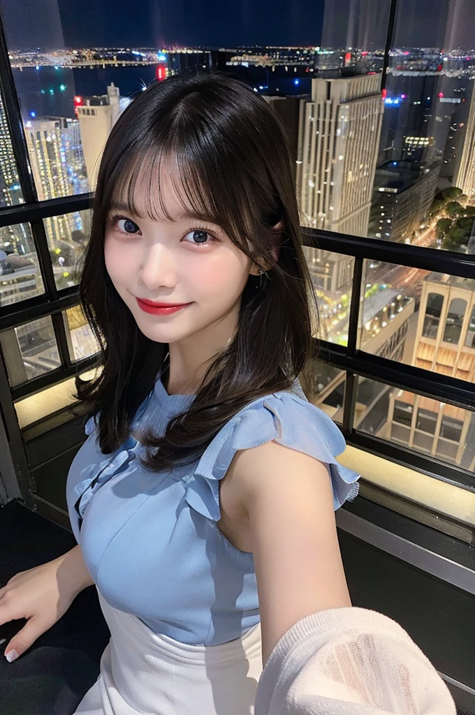 Highest quality, masterpiece, Ultra-high resolution (Realistic: 1.4), RAW Photos, 1 Girl, Blue Dress, Bare shoulders, Beautiful night view of the city, Glowing Skin, smile