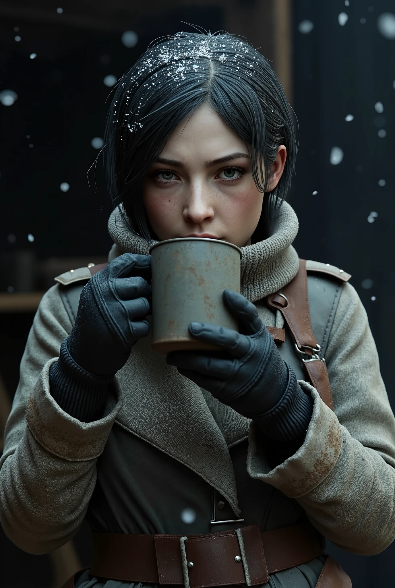 Show a Napoleonic female soldier drinking coffee from an old tin mug in front of her post while looking at the camera.
Depict the soldier feeling cold, with snow falling around her.
Use cool, neutral colors to convey winter harshness and exhausting guard duty, fundo escuro, hiper-realista, ultra detailed hiper-realista, fotorrealista, studio lighting, reflections, dynamic pose, cinematic, Color grading, Fotografia, Filmed with a 50 mm lens, Ultra-Large Angular, depth of field, hiper-detalhado, belamente colorido, 8k