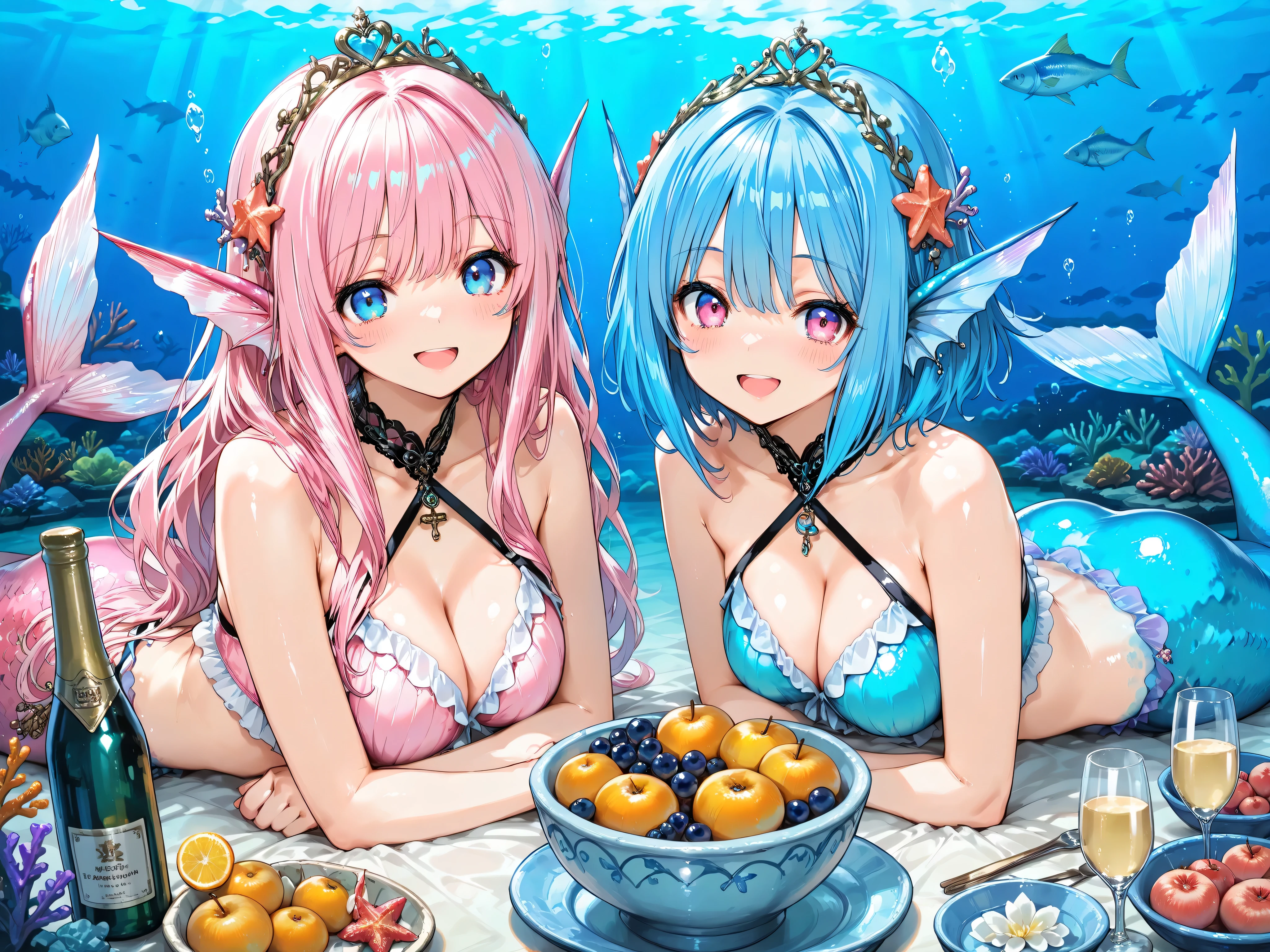 ((masterpiece:1.4, best quality)), ((masterpiece, best quality)),high resolution,2 girls,mermaid girl,home party,Underwater, fish swimming on a coral reef,happy smile,open mouth,beautiful eyes,(champagne bottles on the table),fruit bowl on the table,pink hair,blue hair,short hair,long hair,looking at viewer,fin ear,head accessory,crown
